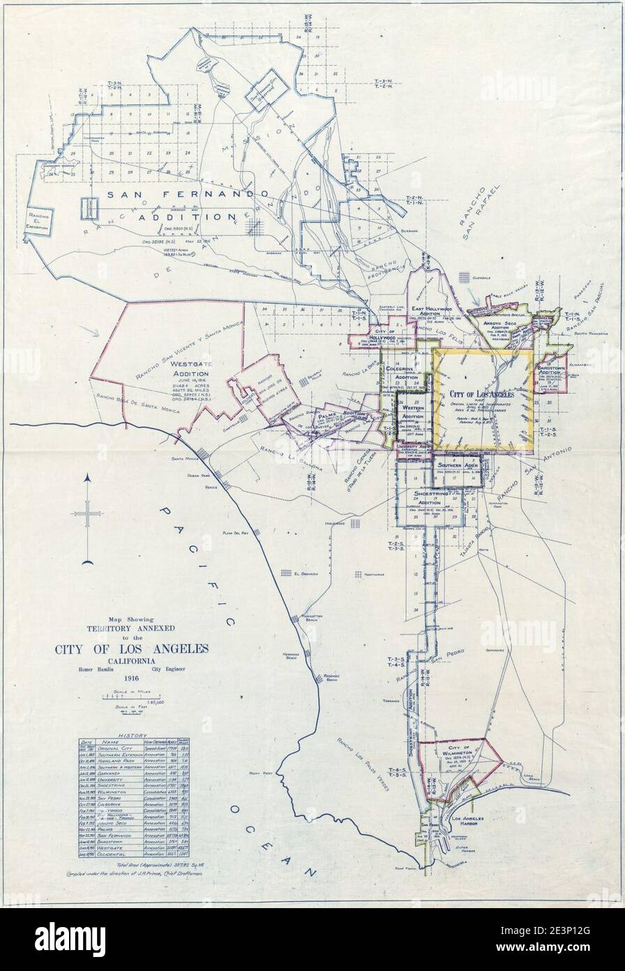 Karte zeigt das Gebiet, das an die Stadt Los Angeles, Kalifornien, angeschlossen ist Stockfoto