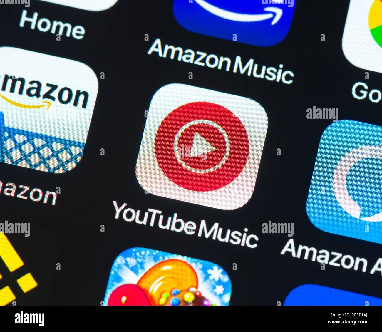 YouTube Music App-Symbol auf dem Apple iPhone-Bildschirm. YouTube Music ist ein Musik-Streaming-Dienst. Stockfoto