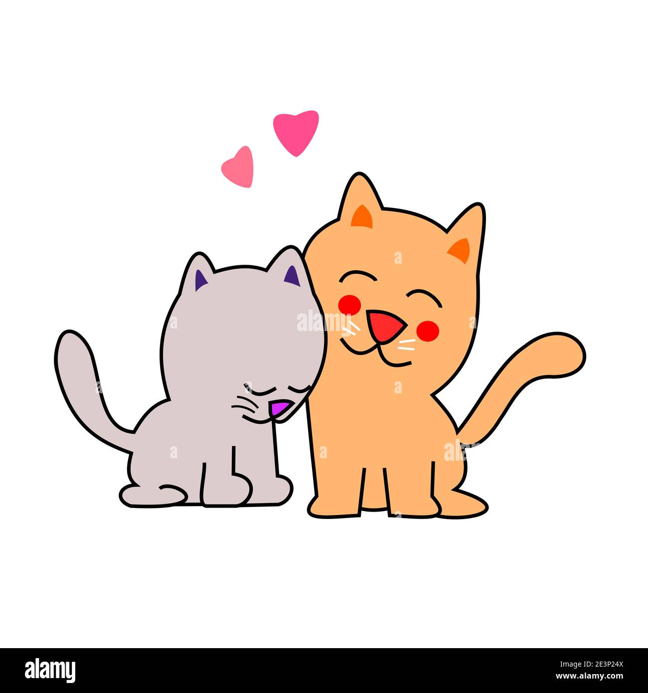 Das lila Kätzchen und die orange Katze schließen ihre Gesichter zusammen mit Liebe, zwei Katzen und rotes Herz isoliert auf weißem Hintergrund, Cute PET Cartoon Stock Vektor