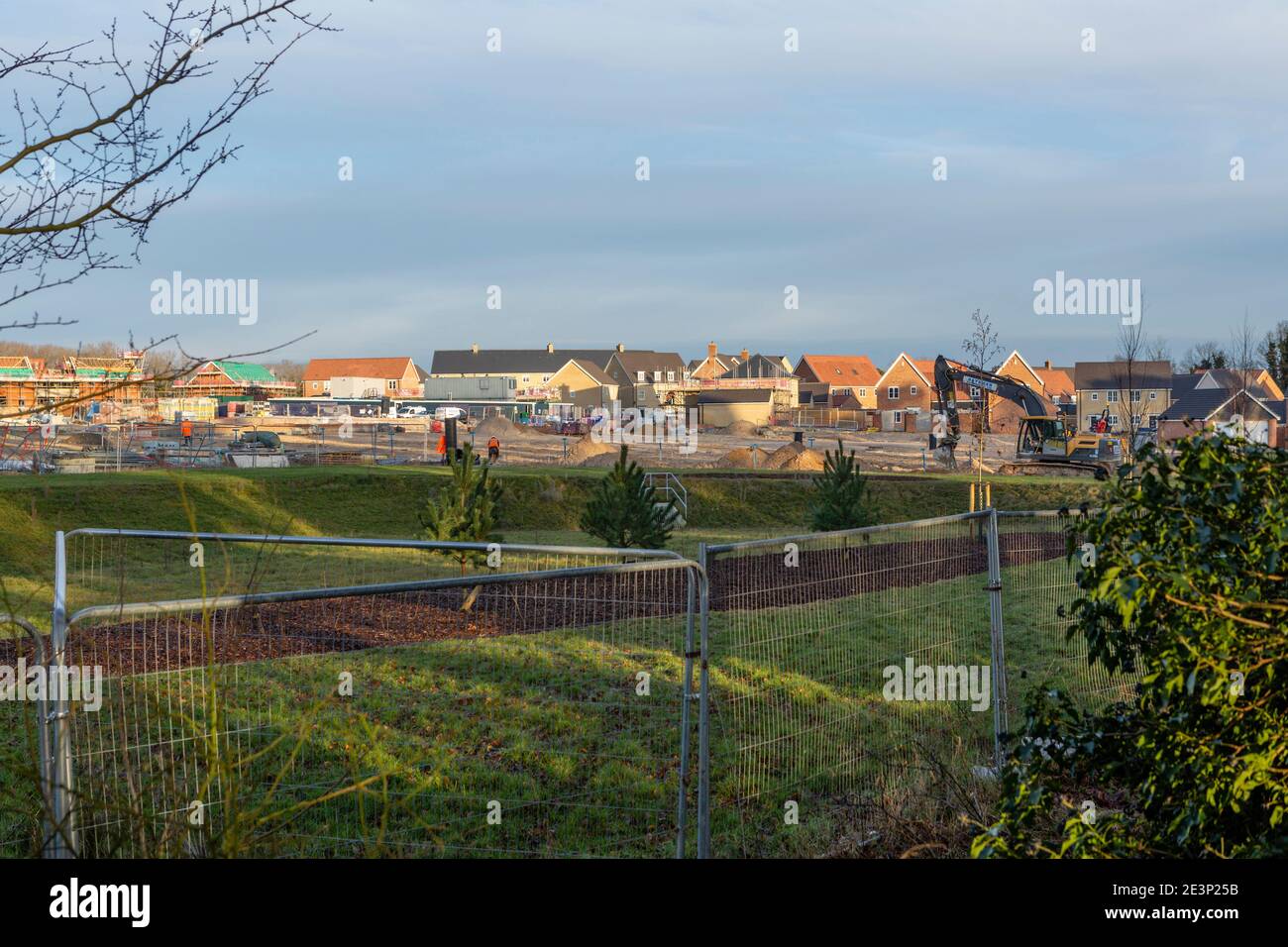 Ein Teil der Kingsfleet Wohnsiedlung wird von Hopkins Homes gebaut, fotografiert von Joe Blunt's Lane, Thetford, UK 07/01/21 Stockfoto