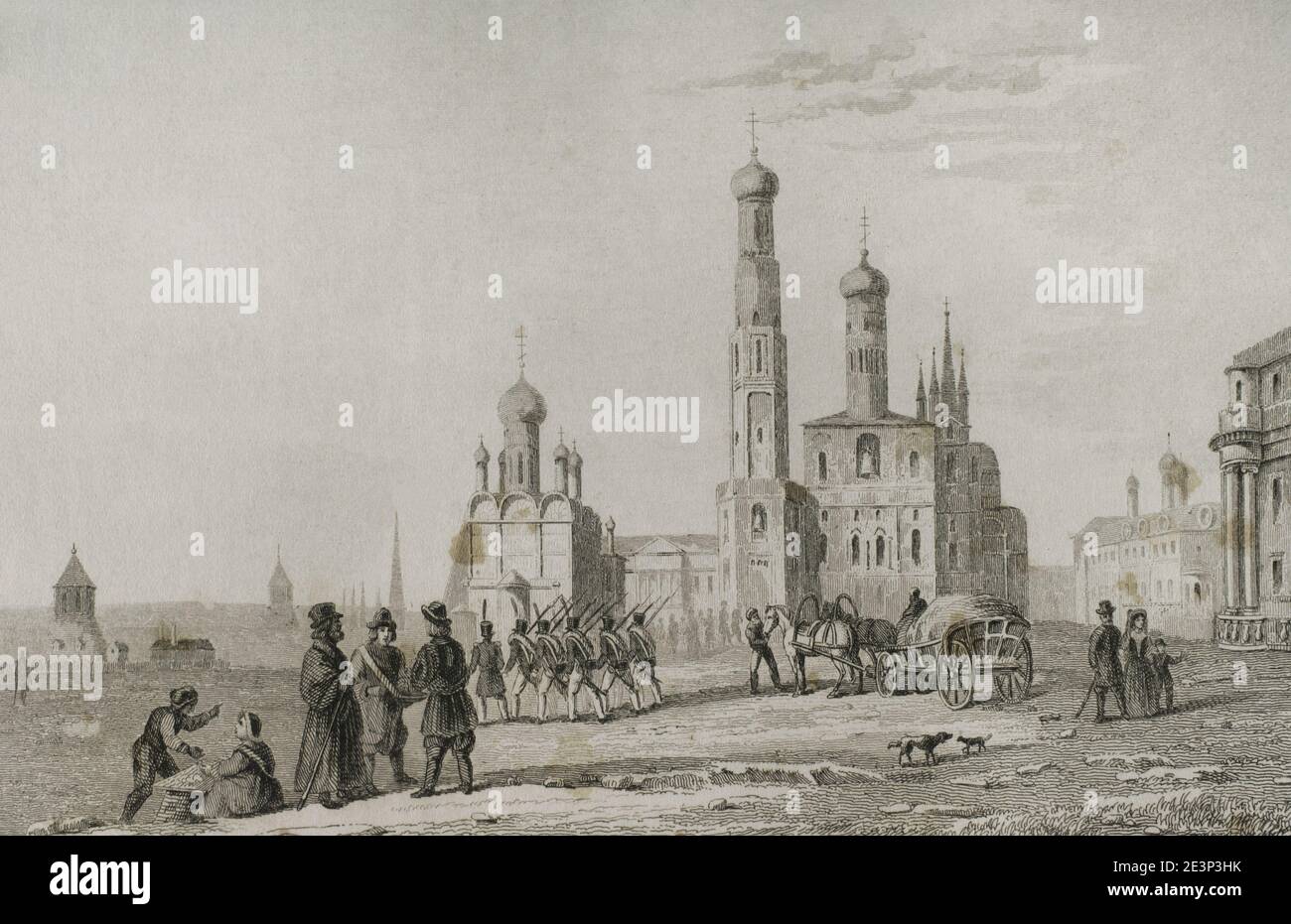 Russland, Moskau. Kremlkomplex. Cathedral Square. Blick auf den großen Glockenturm Ivan. Gravur von Lemaitre und Cholet. Geschichte Russlands von Jean Marie Chopin (1796-1870). Panorama Universal, spanische Ausgabe, 1839. Stockfoto