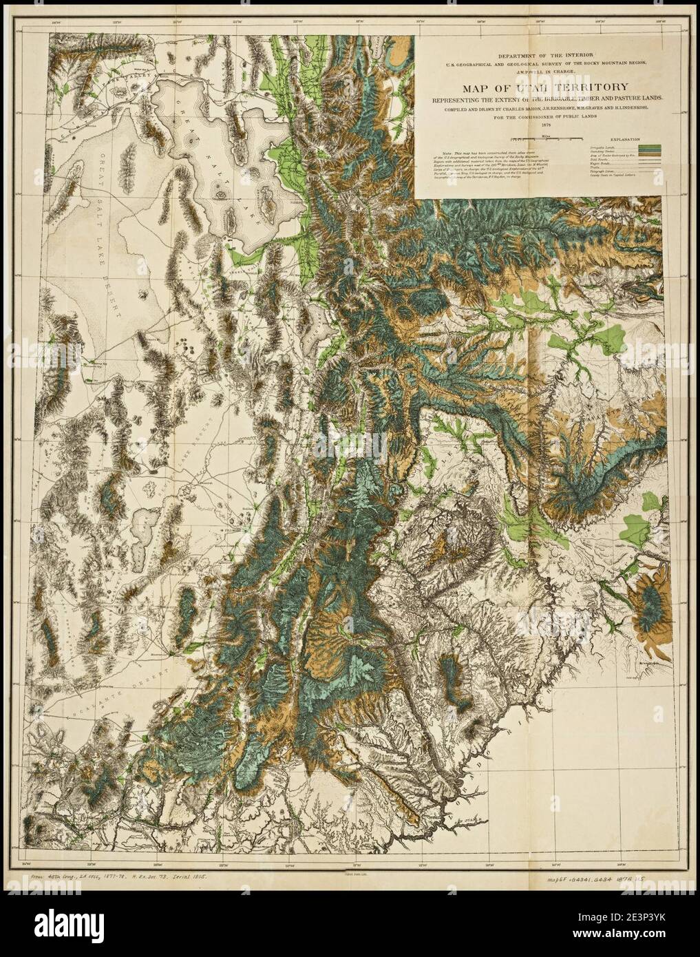 Karte des Utah Territoriums, die die Ausdehnung des Bewässerungsgebietes, des Holzes und der Weideland darstellt Stockfoto