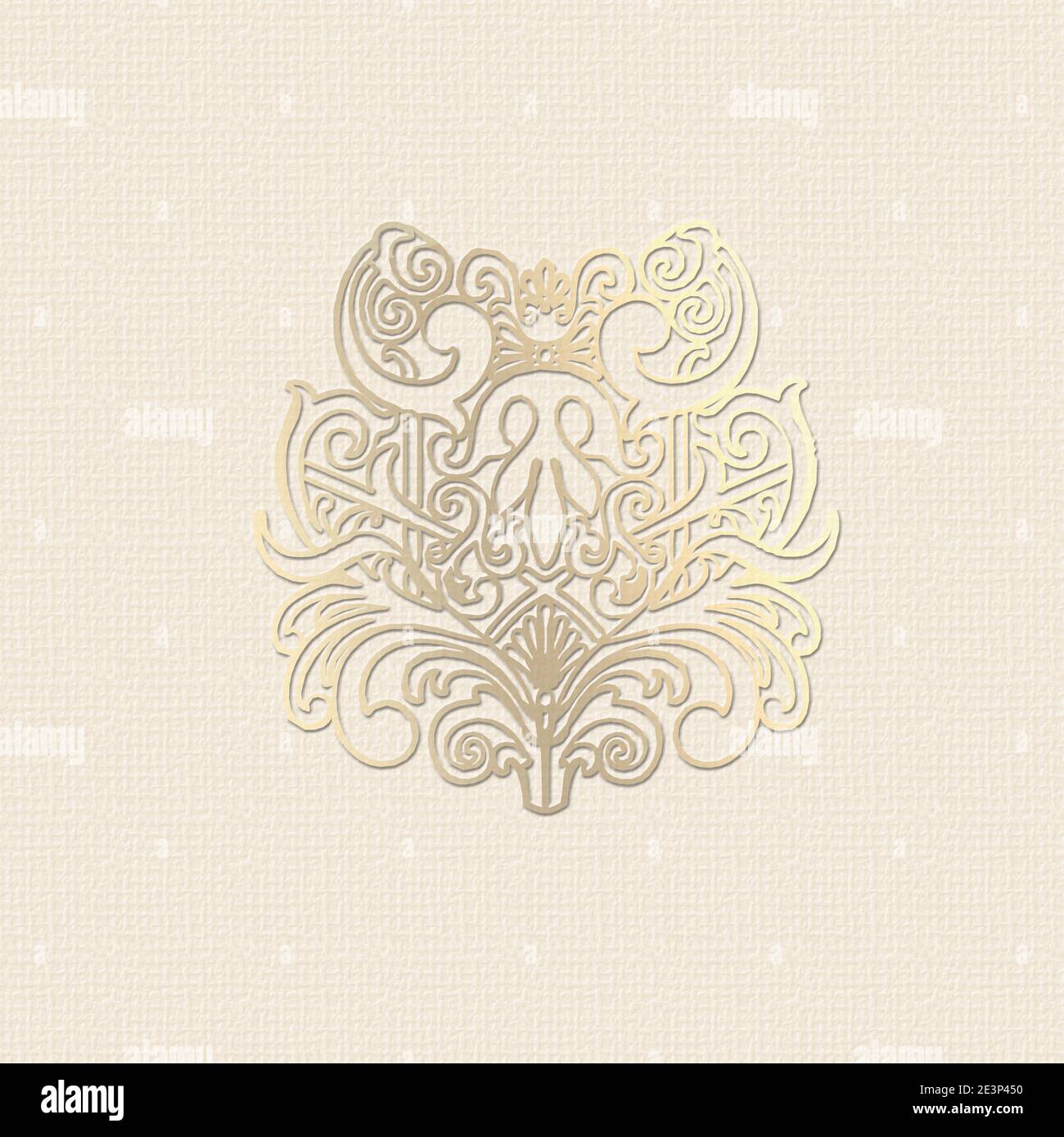 Orientalisches Musterdesign. Gold Muster Spitze Ornament auf rot. 3D-Illustration. Modell, Vorlage, Ort für Text Stockfoto