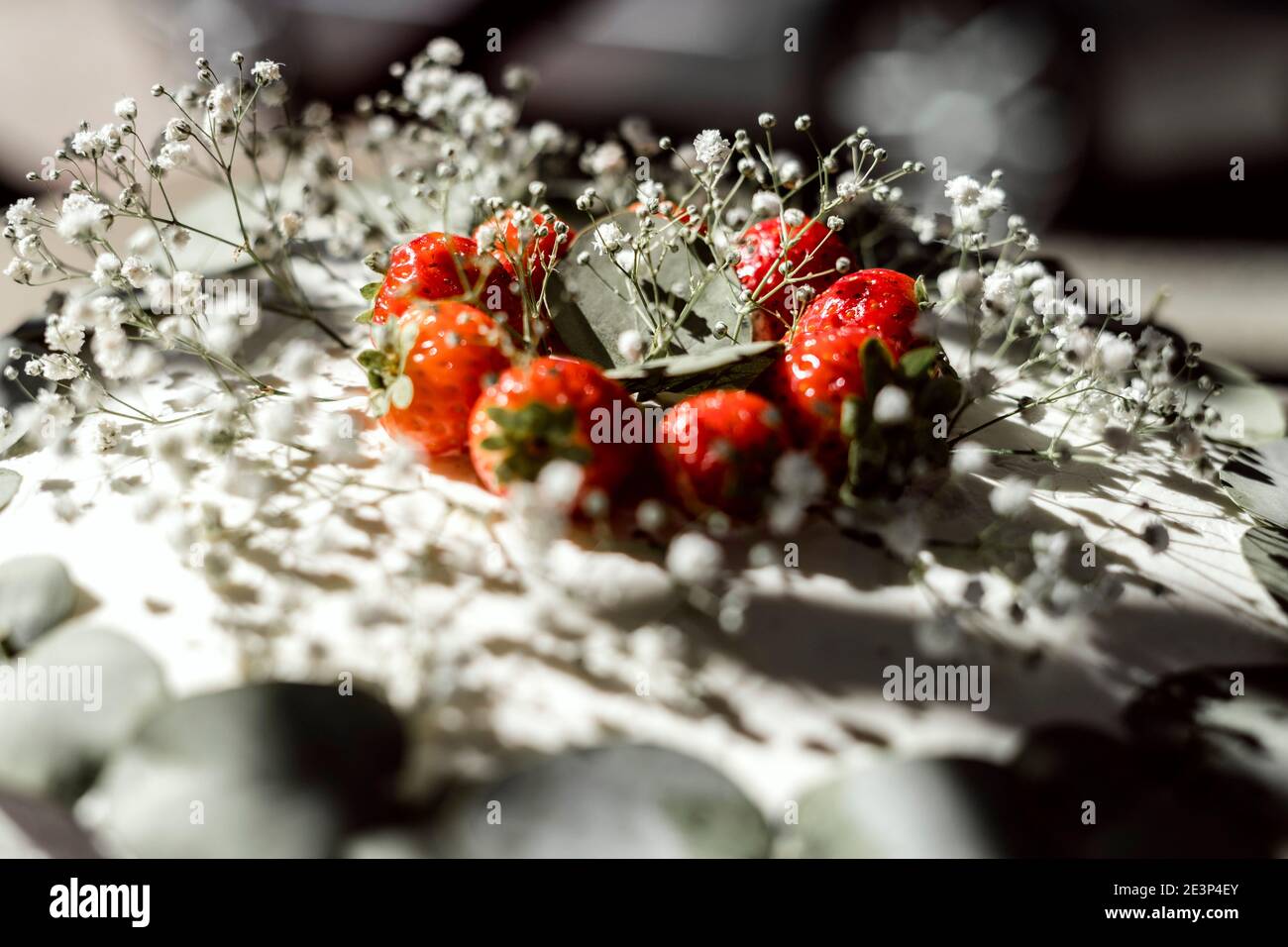 Nahaufnahme der rustikalen Hochzeitstorte mit Gypsophila und dekoriert Erdbeeren Stockfoto