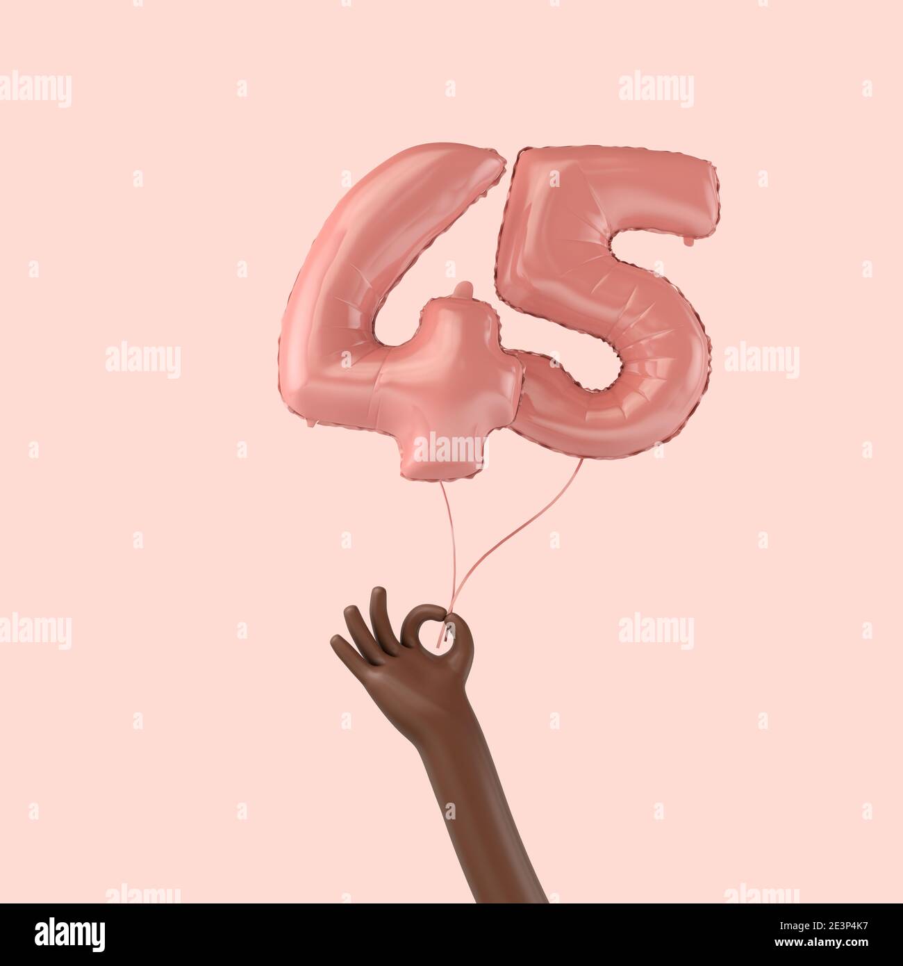 Hand hält einen 45. Geburtstag rosa Folie Feier Ballon. 3D-Rendering Stockfoto