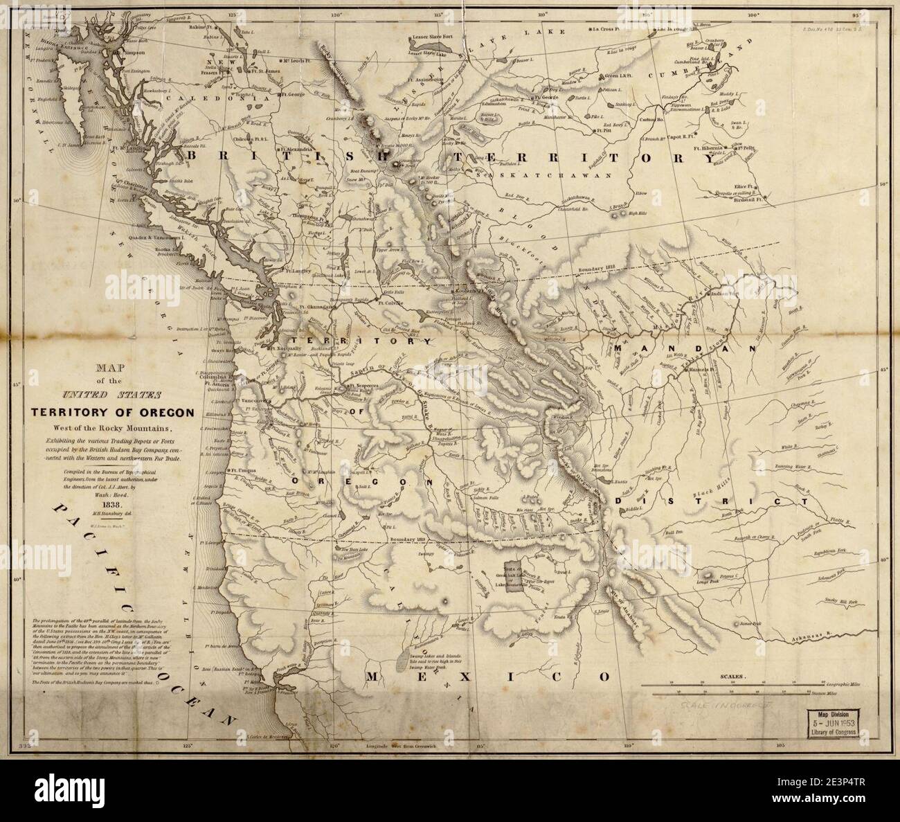 Karte der Vereinigten Staaten, Territory of Oregon, westlich der Rocky Mountains, zeigt die verschiedenen Handelsdepots oder Festungen von der britischen Hudson Bay Company besetzt, mit dem westlichen und verbunden Stockfoto