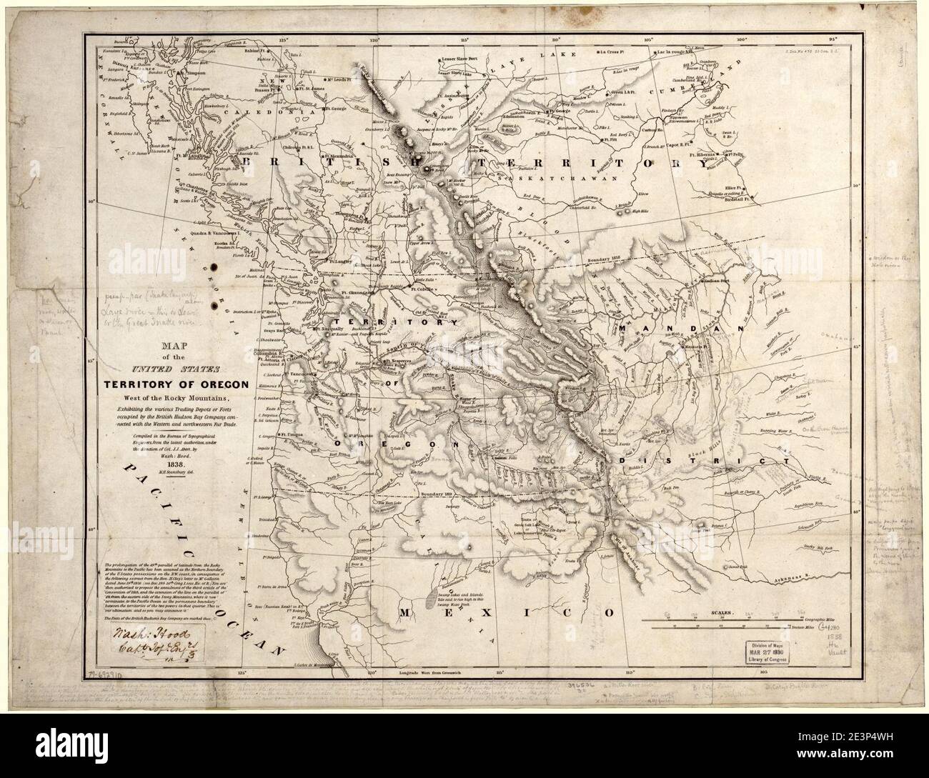 Karte der Vereinigten Staaten, Territory of Oregon, westlich der Rocky Mountains, zeigt die verschiedenen Handelsdepots oder Festungen von der britischen Hudson Bay Company besetzt, mit dem westlichen und verbunden Stockfoto