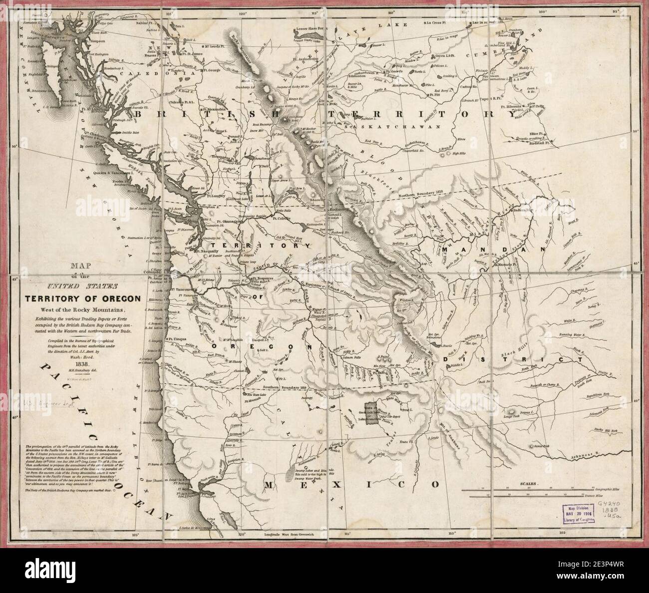 Karte der Vereinigten Staaten, Territory of Oregon, westlich der Rocky Mountains - zeigt die verschiedenen Handelsdepots oder Festungen von der britischen Hudson Bay Company besetzt, mit dem westlichen und verbunden Stockfoto