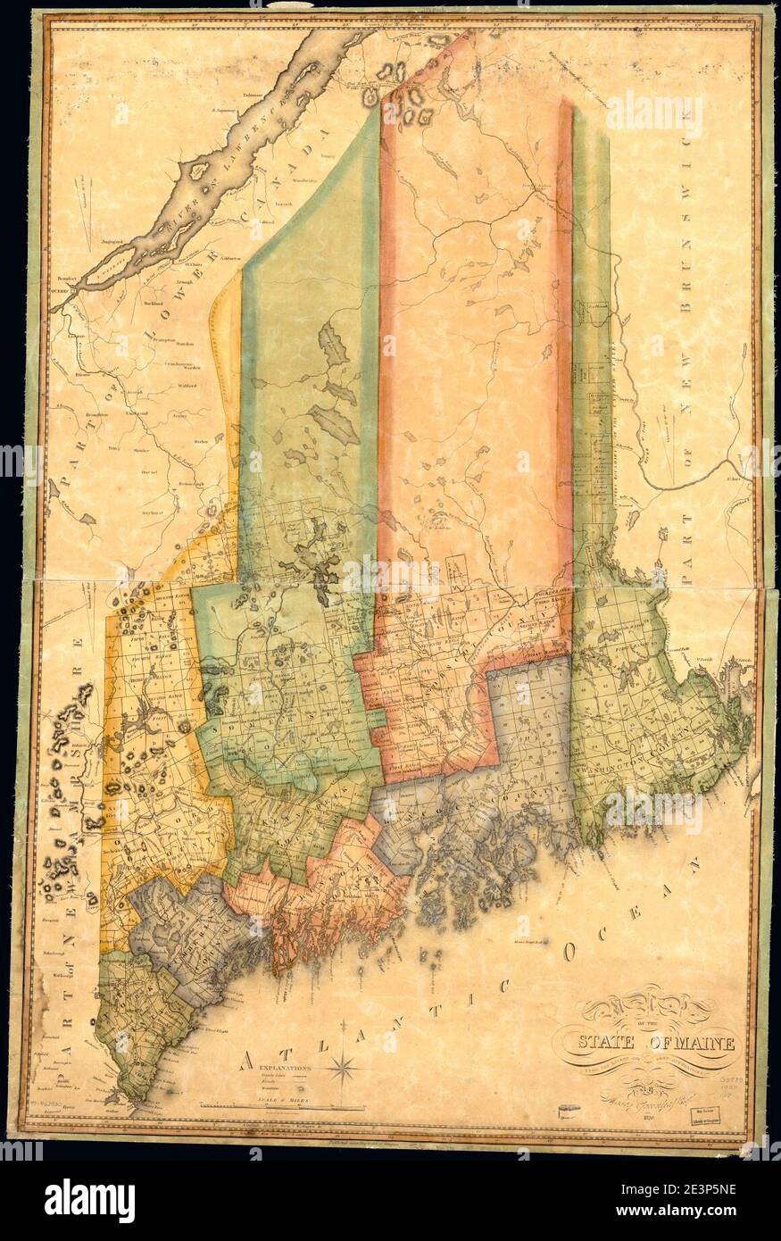 Mappa Del Maine Mappa Dello Stato Degli Stati Uniti Con Belle Onde Geometriche Nei Colori Rosso