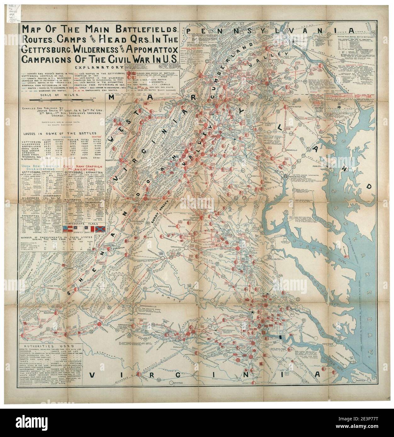 Karte der wichtigsten Schlachtfelder, Routen, Lager und Kopf qrs., in der Gettysburg, Wildnis und Appomattox Kampagnen des Bürgerkriegs in den USA Stockfoto