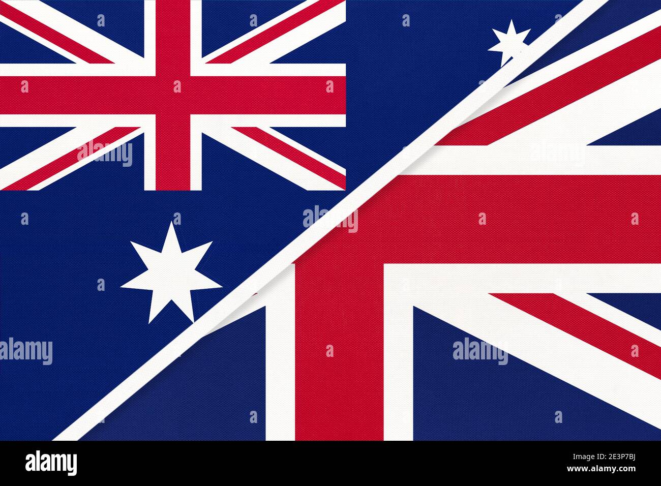 Australien und Vereinigtes Königreich Großbritannien oder UK, Nationalflaggen aus Textil. Beziehung, Partnerschaft und Übereinstimmung zwischen zwei Ländern. Stockfoto