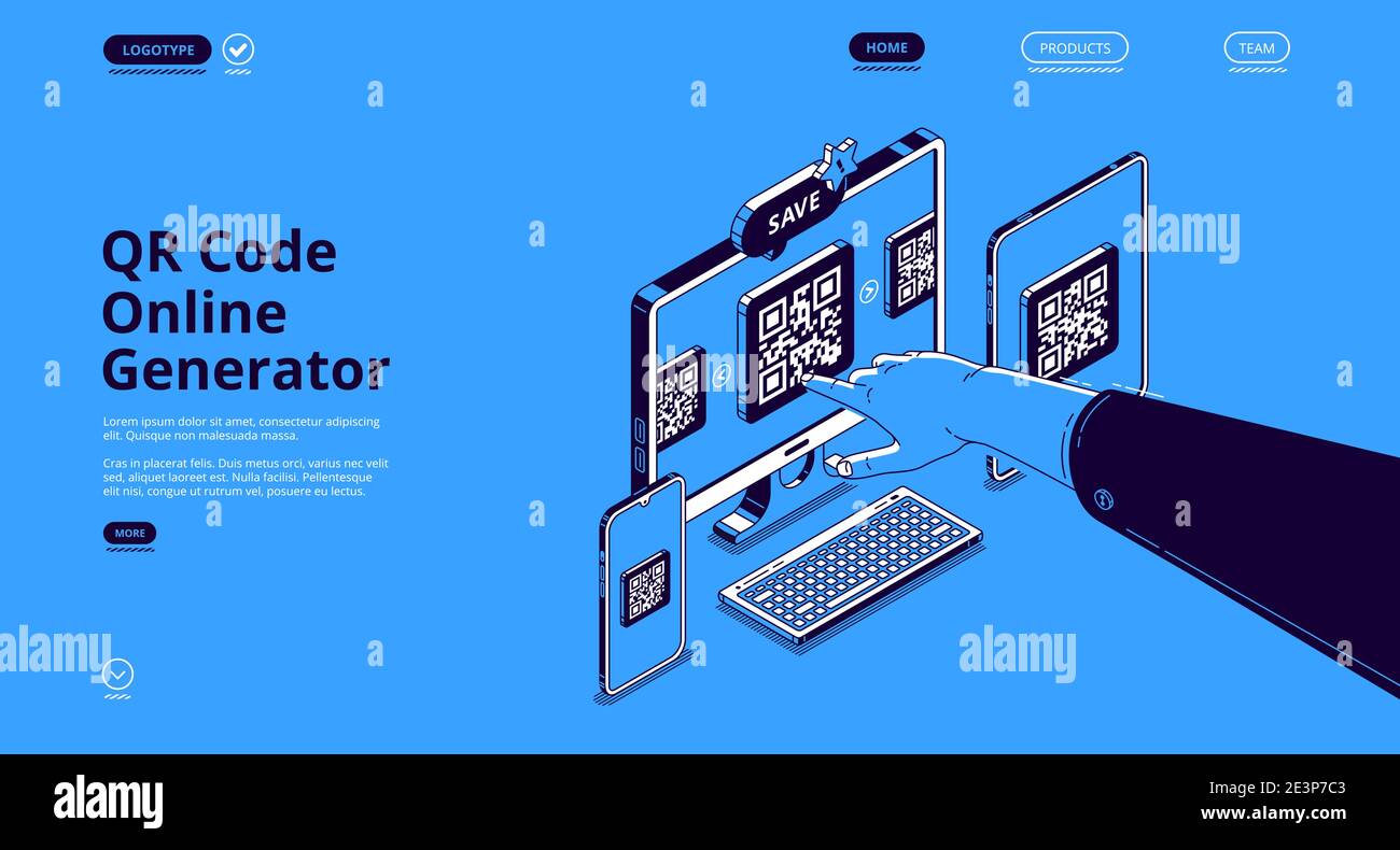 QR-Code Online-Generator. Mobile App, digitaler Service für qrcode für elektronische Zahlungen, Identifikation und Display-Informationen generieren. Vektor Landing Page mit isometrischen Geräten und Zeigehand Stock Vektor