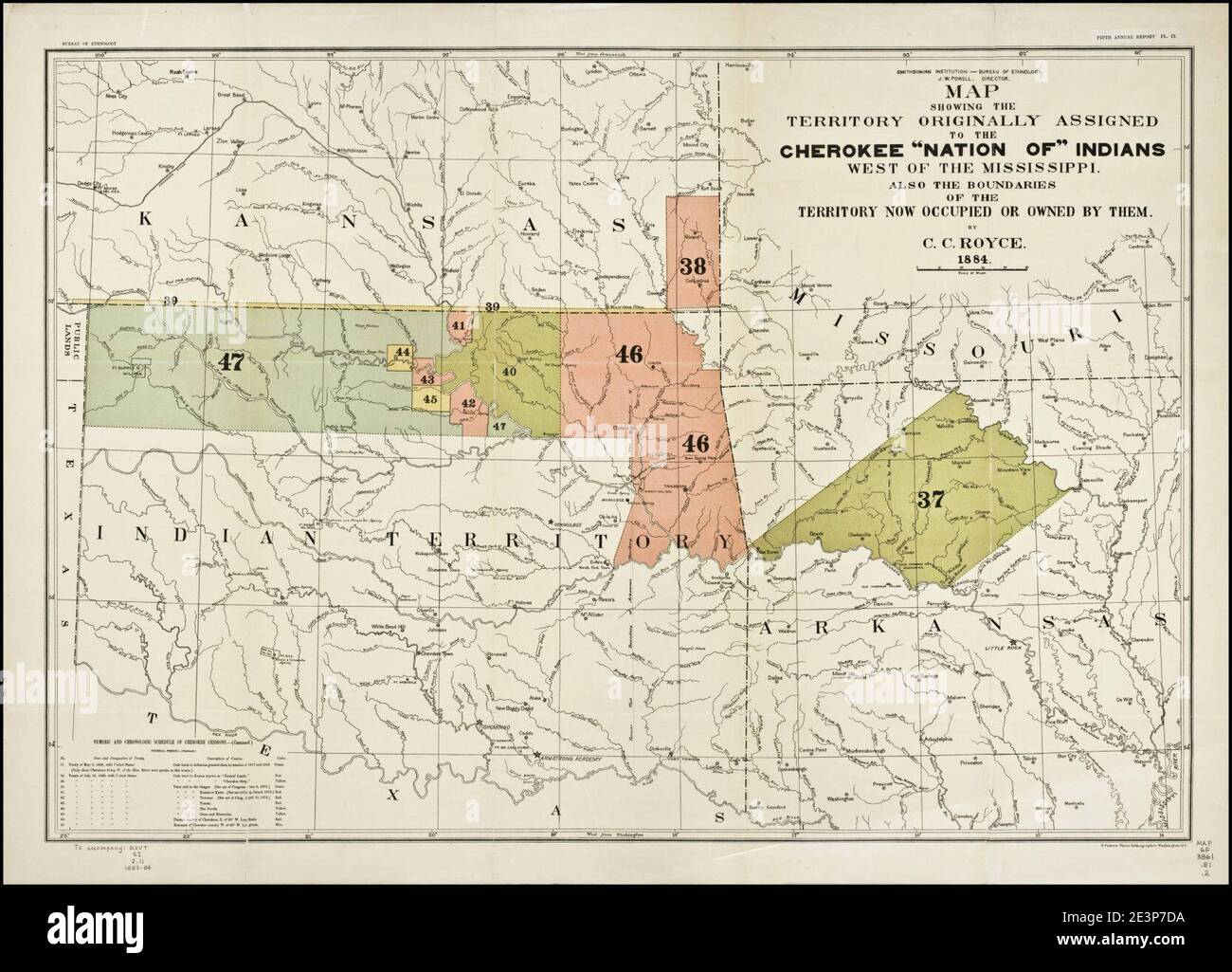Karte des ehemaligen Territoriums, das ursprünglich der Cherokee-Nation von Indianern westlich der... Stockfoto