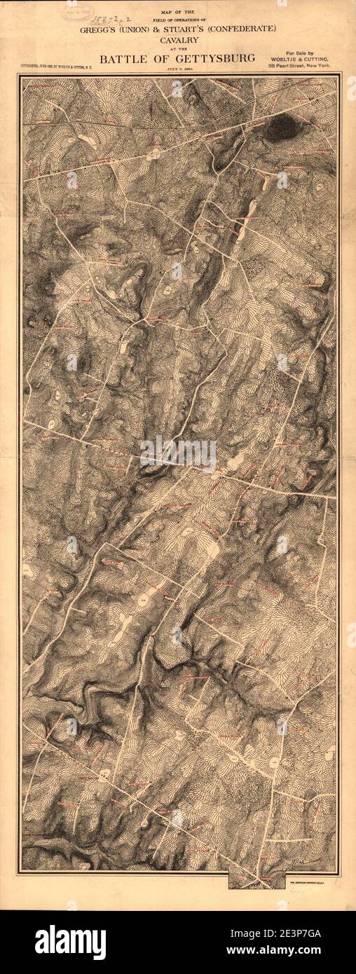 Karte des Einsatzbereichs der Reiterei Gregg's (Union) & Stuart's (Konföderierte) bei der Schlacht von Gettysburg, 3. Juli 1863 Stockfoto