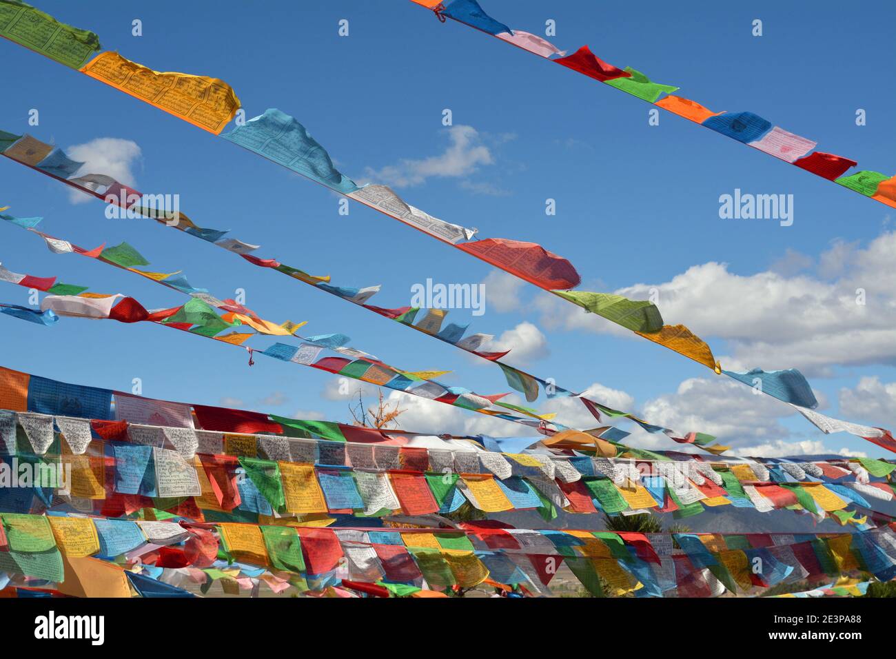 Bunte Gebetsfahnen fliegen hoch im Hühnertempel von 100 in Shangri La, so genannt, als Mönche ein Huhn nahmen, als sie den Tempel betraten. Stockfoto