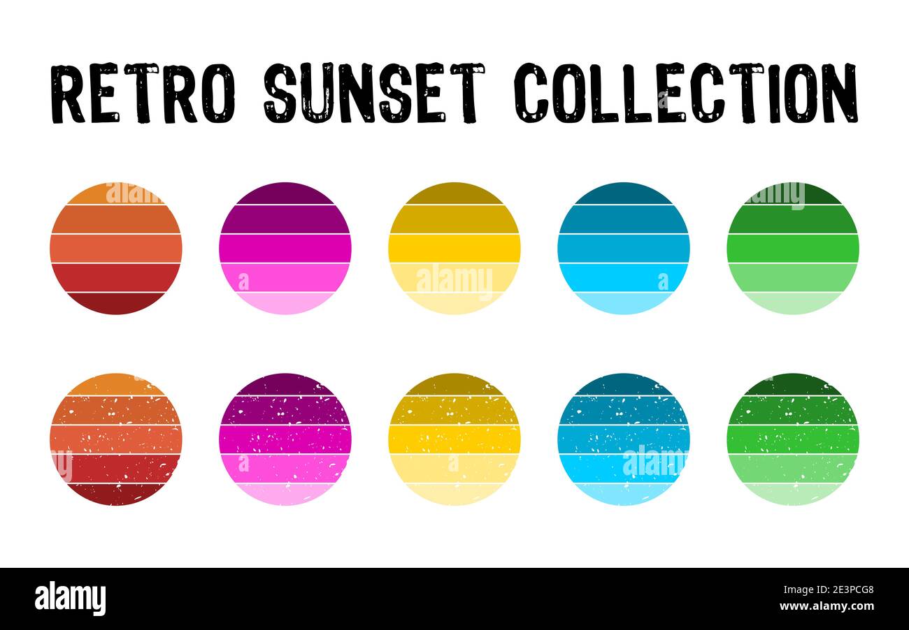 Retro Sunset Kollektion im Stil der 80er Jahre. Regular und Distressed vintage Sonnenuntergang Set. Fünf Farben mit texturierten Versionen. Kreisförmiger Verlaufshintergrund. Stock Vektor