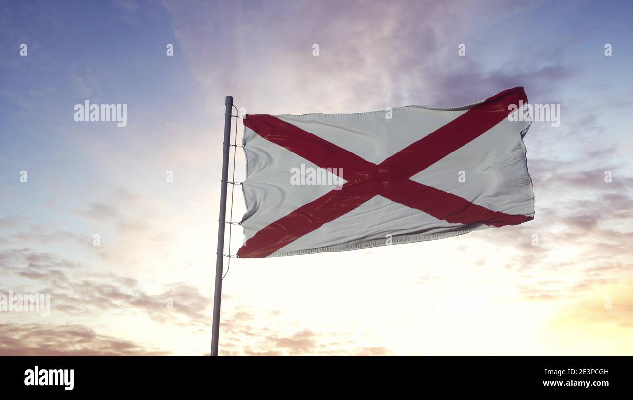 Staatsflagge von Alabama winkt im Wind. Dramatischer Himmelshintergrund. 3d-Illustration Stockfoto