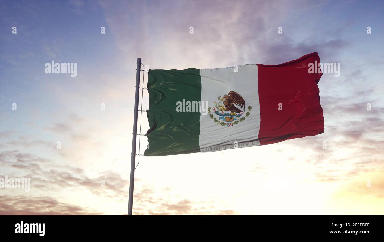 Mexiko-Flagge winkt im Wind, dramatischer Himmel Hintergrund. 3d-Illustration Stockfoto