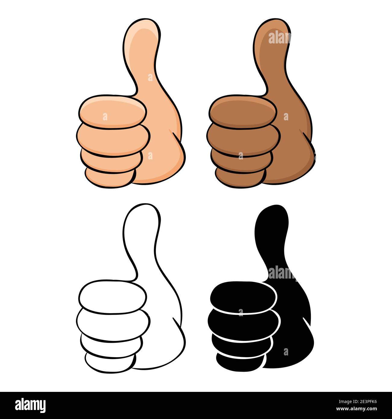 Daumen hoch Cartoon-Symbol in verschiedenen Hautton - amerikanisch, afrikanisch. Auch Umriss und Silhouette Design. Akzeptieren und Genehmigungssymbole sammeln. Tolle Fotolia Stock Vektor