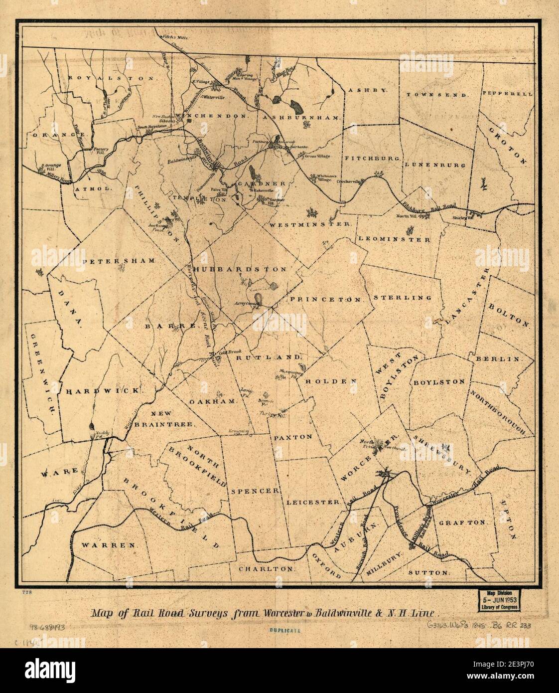 Karte von Eisenbahnstrecken von Worcester nach Baldvinville & N.H. Line. Stockfoto