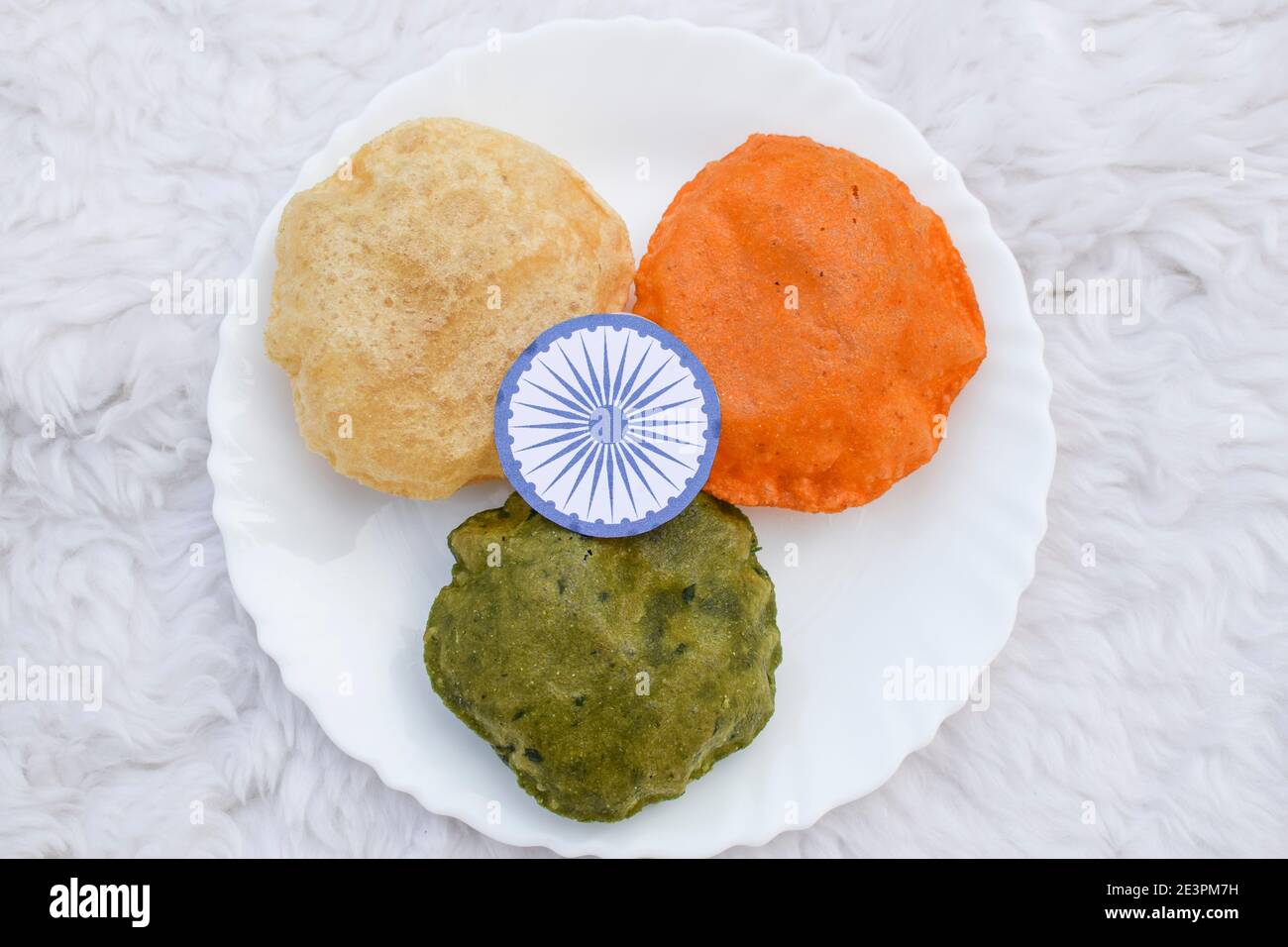 Indische Flagge dargestellt durch Farben von Safran, weiß und grün von Lebensmitteln für die indische republik Tag Feier Stockfoto