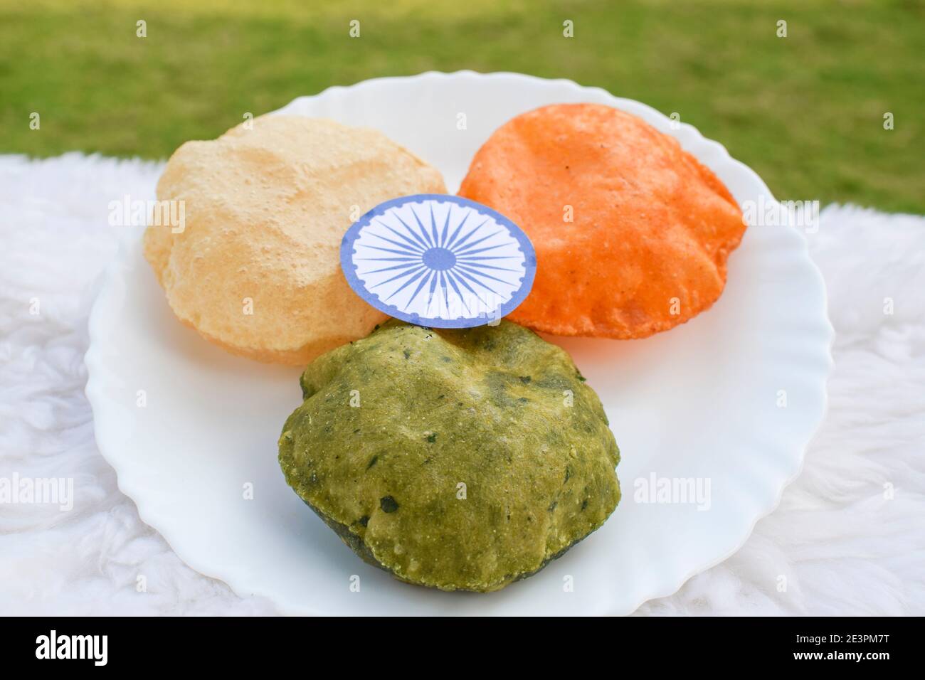 Indische Flagge dargestellt durch Farben von Safran, weiß und grün von Lebensmitteln für die indische republik Tag Feier Stockfoto