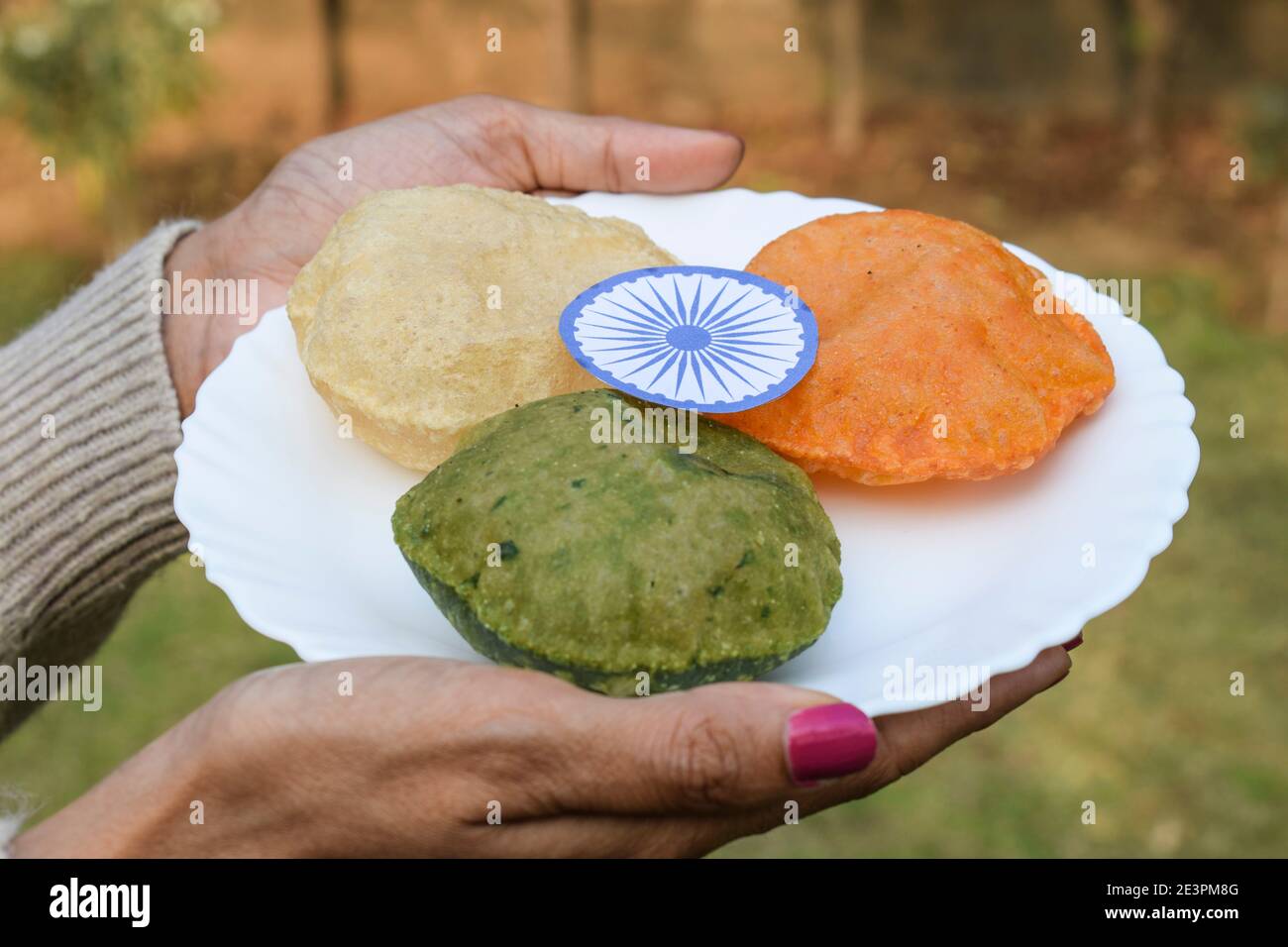 Indische Flagge dargestellt durch Farben von Safran, weiß und grün von Lebensmitteln für die indische republik Tag Feier Stockfoto