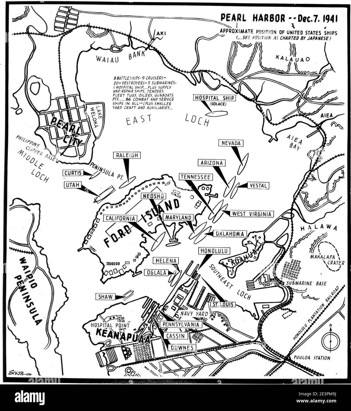 Karte von Pearl Harbor, Hawaii, mit ungefähre Position der Schiffe am 7