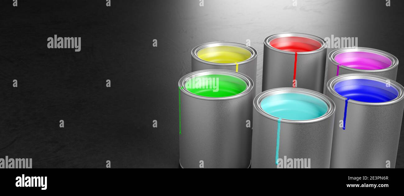 Farbtöpfe, die ein Farbrad mit den RGB-Primärfarben des additiven Farbmodells (Rot, Grün, Blau) für Monitore und den CMY-Prozess aufbauen Stockfoto