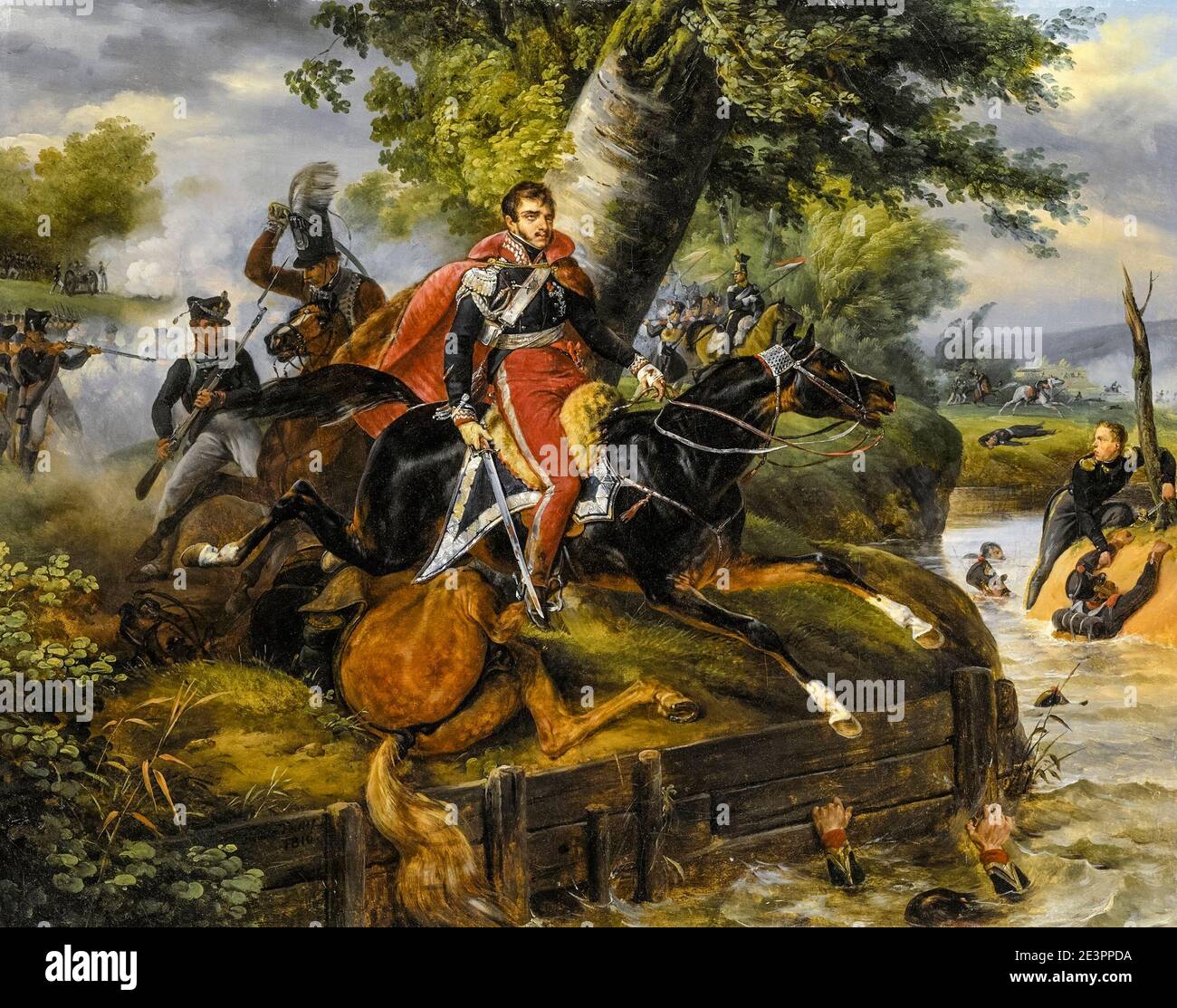 Tod des Fürsten Józef Antoni Poniatowski (1763-1813) am 19. Oktober bei der Schlacht von Leipzig, Gemälde von Horace Vernet, 1816 Stockfoto