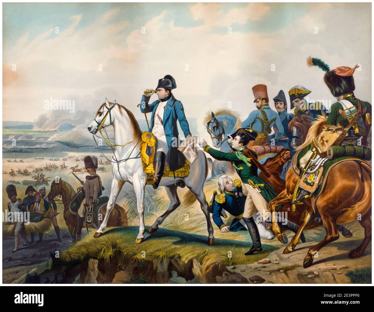 Napoleon Bonaparte I. zu Pferd bei der Schlacht von Wagram (5.-6. Juli 1809), Lithographie von Horace Vernet, 1840 Stockfoto