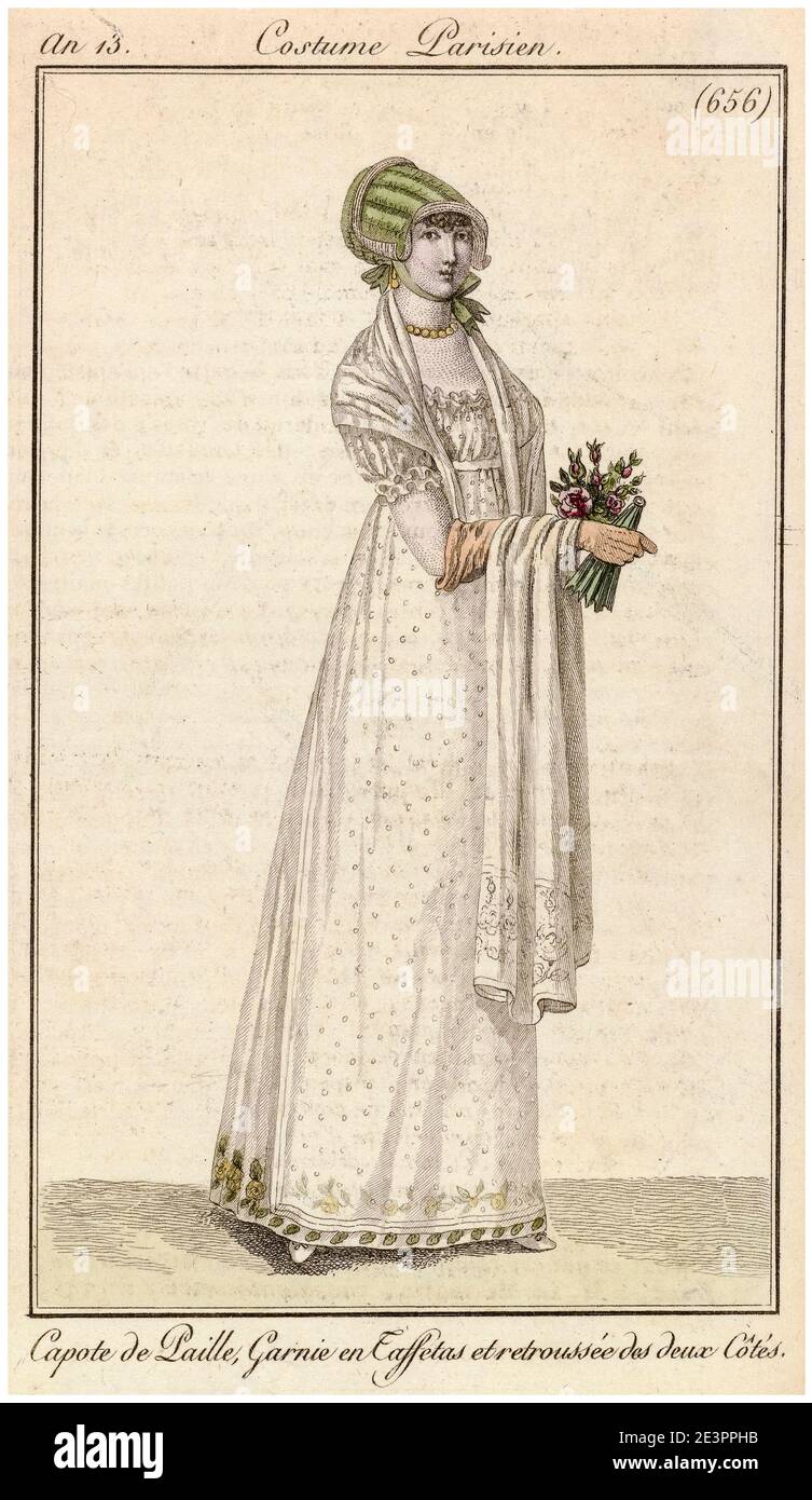 Ladies and Fashion Journal: Pariser Kostüm: Strohhaube, Taffeta-Besatz und beidseitig aufgerollt, Druck von Horace Vernet, 1805 Stockfoto