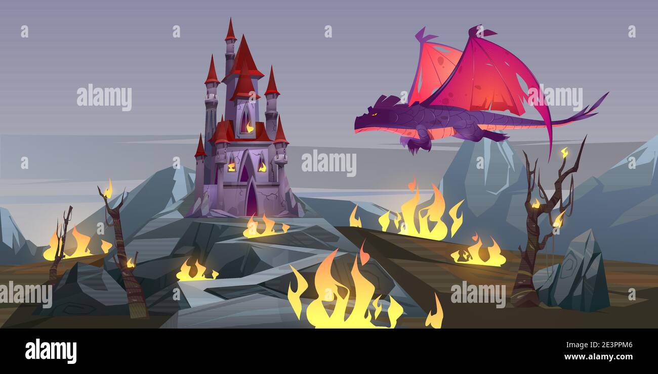 Dragon Angriff Burg, Fantasie magische Charakter Atmung mit Feuer zerstören mittelalterlichen Palast. Märchen fliegende Tier, epische Szene für Buch oder Computerspiel, mystische Kreatur, Cartoon-Vektor-Illustration Stock Vektor