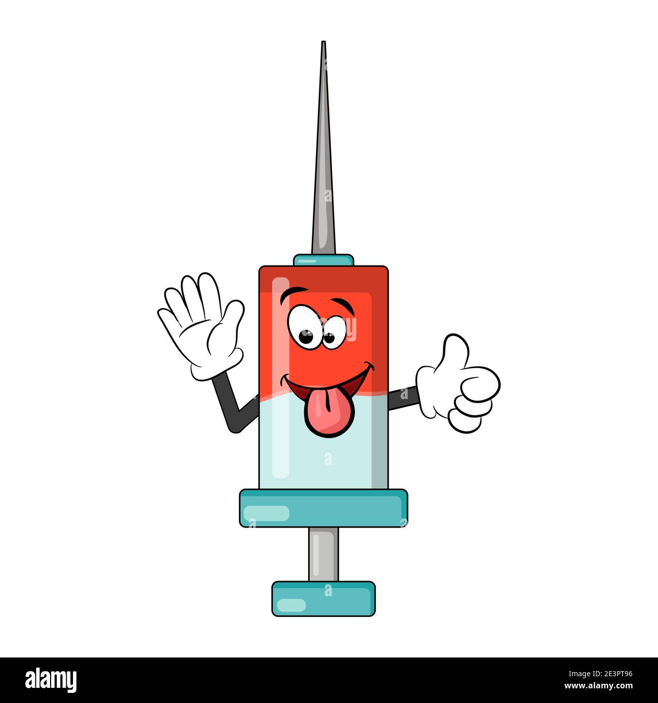 Spritze Cartoon-Figur. Medizinische Geräte niedlich Comic-Ikone. Symbol des Impfstoffs gegen Covid-19. Lustige Vektor-Design auf weißem Hintergrund isoliert. Stock Vektor