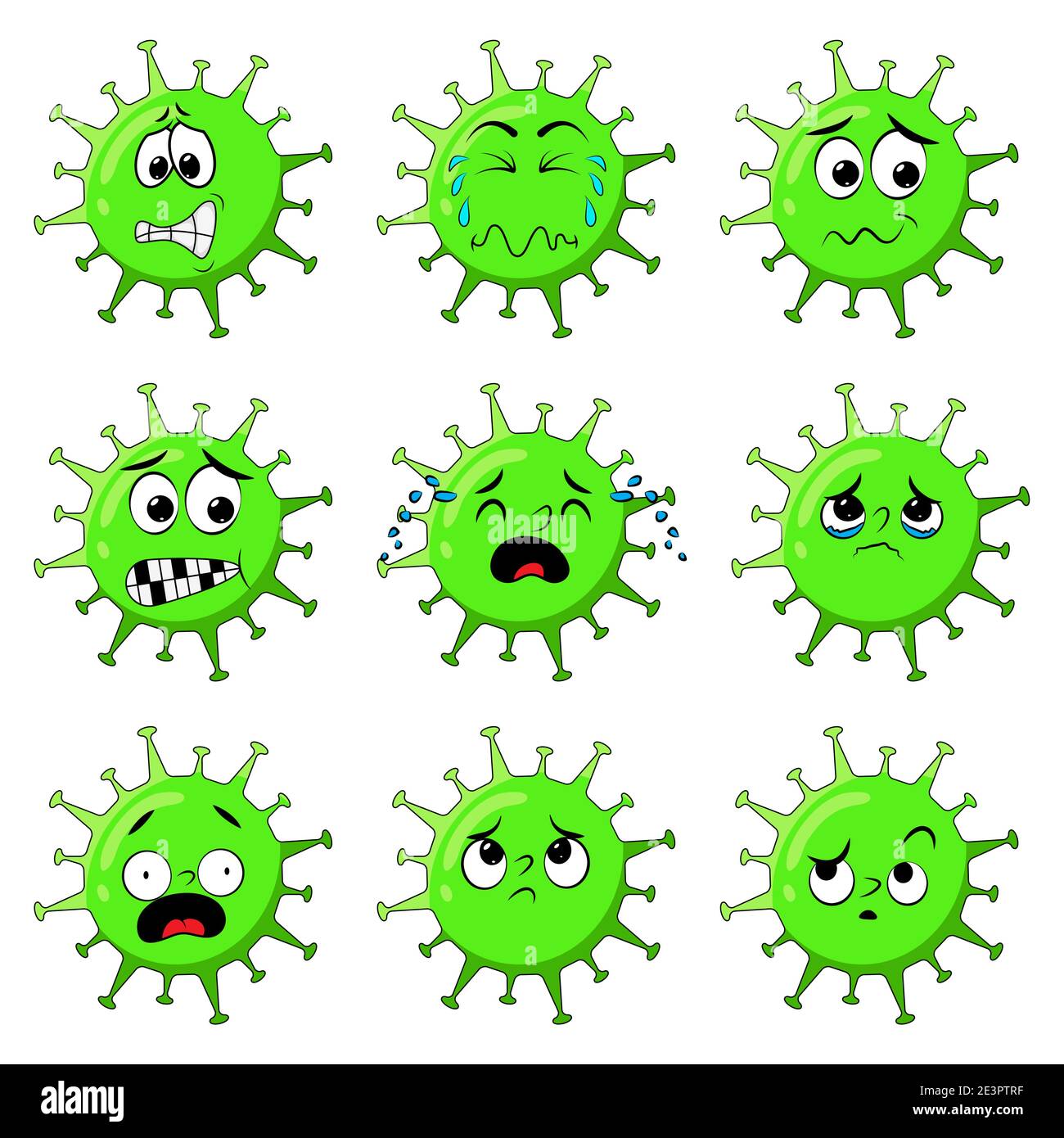 Coronavirus Charakter zeigt Sorge und Angst Ausdruck. Cartoon Satz von gestressten Virus Maskottchen mit verschiedenen Gesichtsemotion wie nervös, verwirrt. Ve Stock Vektor