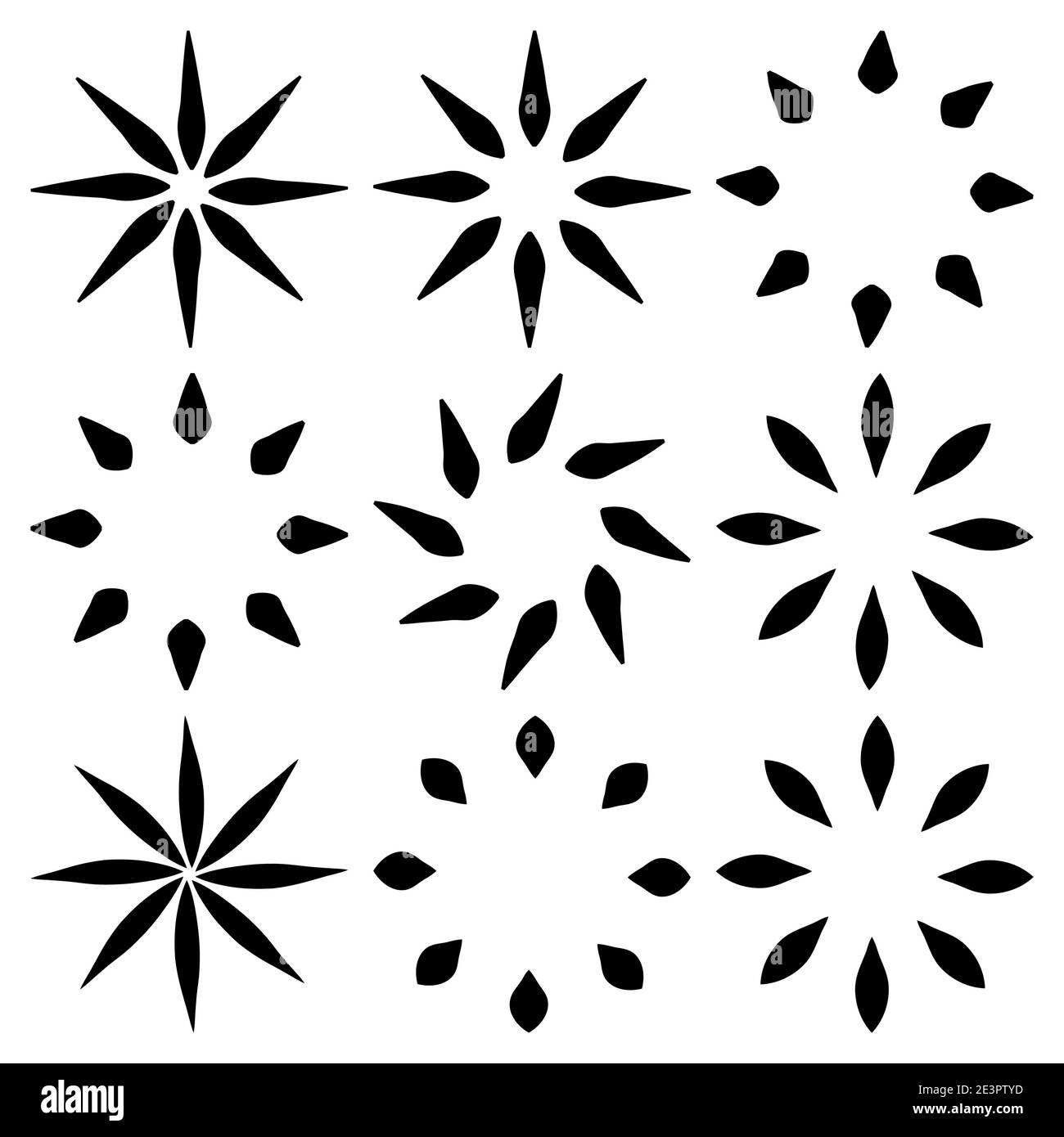 Geometrisches Blumen- oder Blatt-Icon-Set. Schwarz abstrakt einfaches konzentrisches Blumenmuster. Vektordesign-Element auf weißem Hintergrund isoliert. Stock Vektor