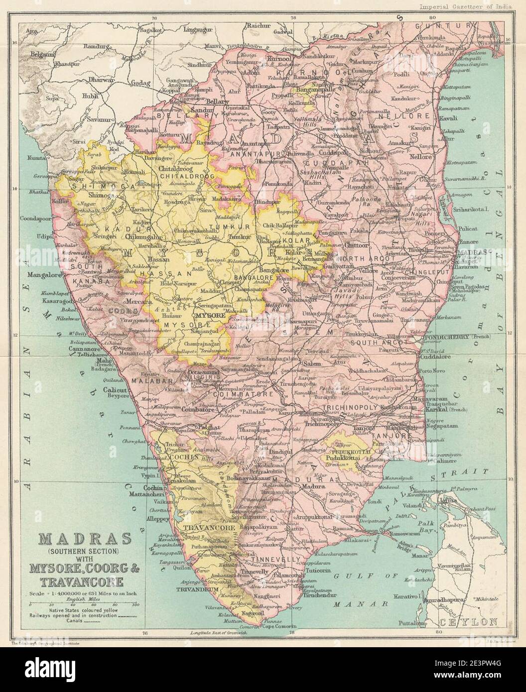Karte von Madras (südlicher Abschnitt) mit Mysore, Coorg und Travancore aus dem Imperial Gazetteer of India (1907-1909). Stockfoto