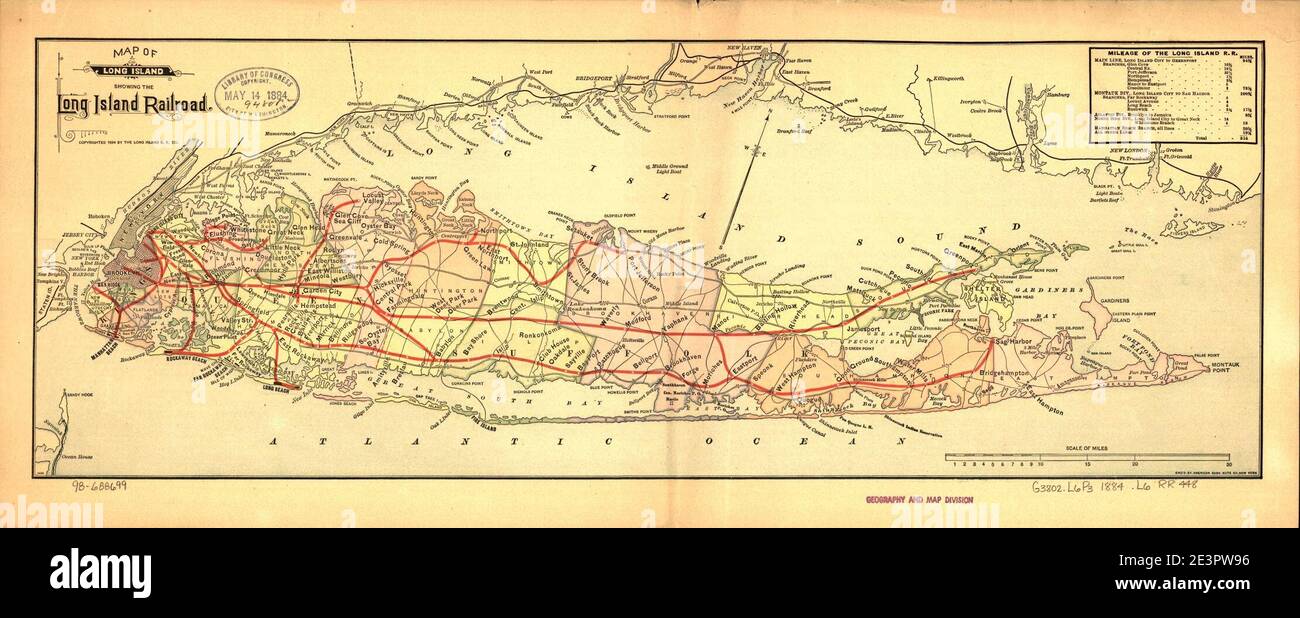 Karte von Long Island mit der Long Island Railroad. Stockfoto