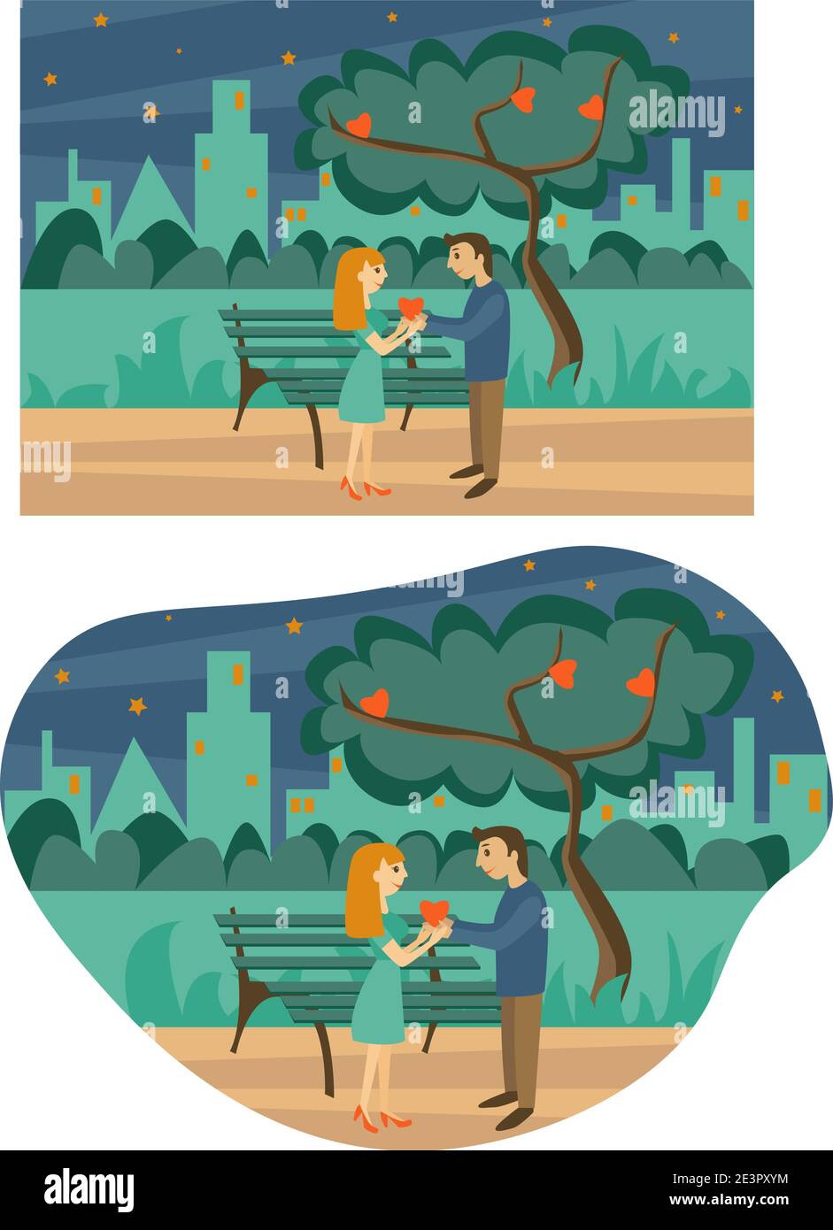 Set von Valentinstag Grußkarten mit Paar in der Nacht Stadtpark Stock Vektor