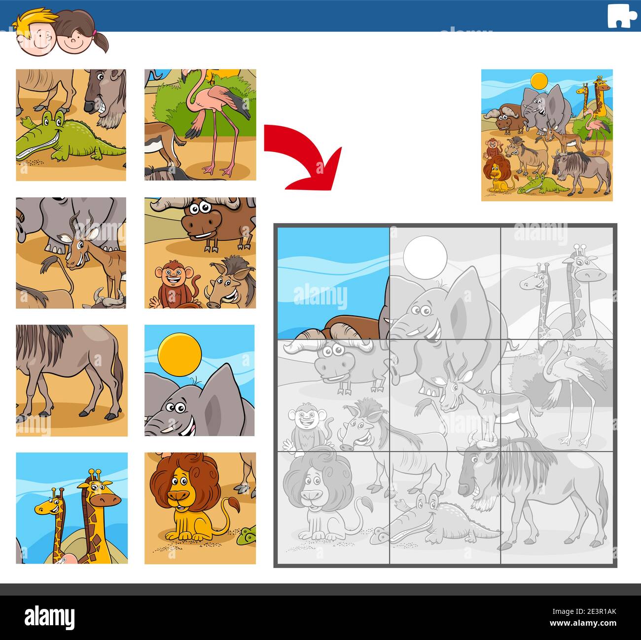 Cartoon Illustration von pädagogischen Puzzle-Spiel für Kinder mit Lustige  wilde Tierfiguren Stock-Vektorgrafik - Alamy