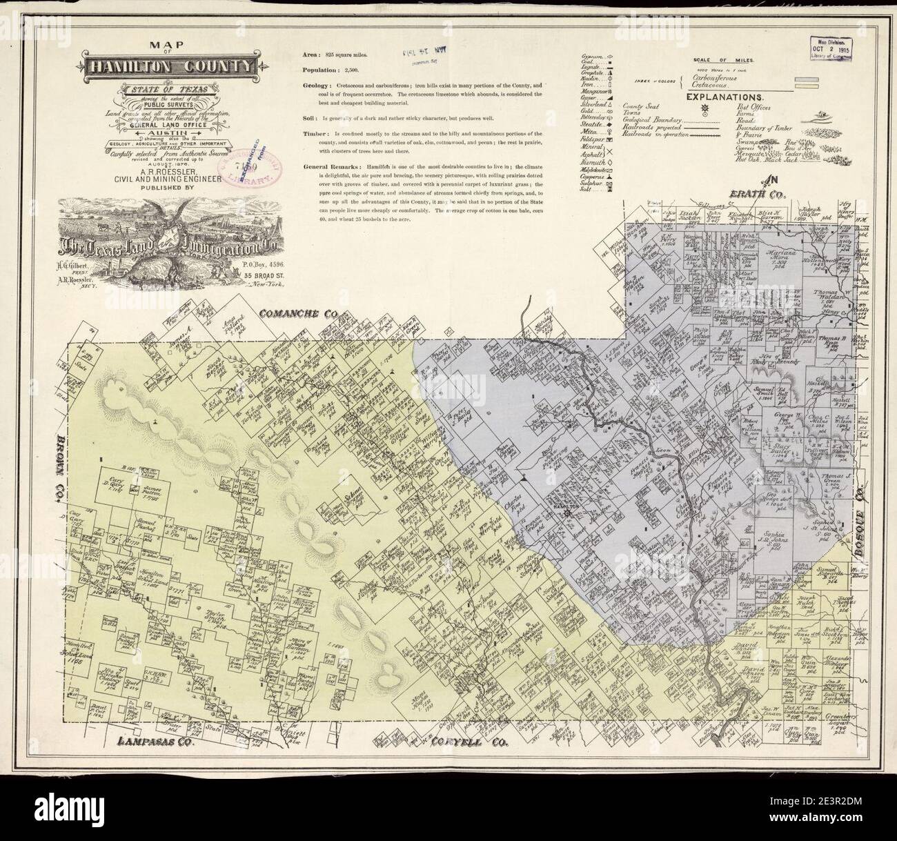 Karte von Hamilton County, State of Texas - zeigt das Ausmaß aller öffentlichen Erhebungen, Landzuschüsse und alle anderen offiziellen Informationen aus den Aufzeichnungen des General Land Office in Austin zusammengestellt... Stockfoto