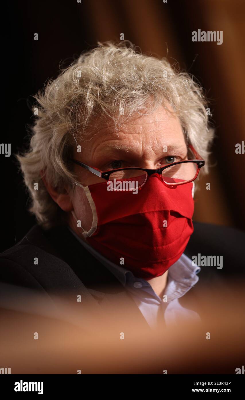 FGTB Generalsekretär Thierry Bodson während einer Pressekonferenz der belgischen drei wichtigsten Gewerkschaften in einer gemeinsamen Front, christian Union ACV - CSC, Th Stockfoto