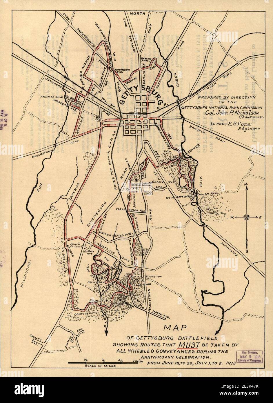 Karte des Schlachtfeldes von Gettysburg, die Routen zeigt, die während der Jubiläumsfeier, vom 28. Juni bis 30. Juni, vom 1. Bis 5. Juli 1913, von allen fahrbaren Transportanlagen genommen werden müssen Stockfoto