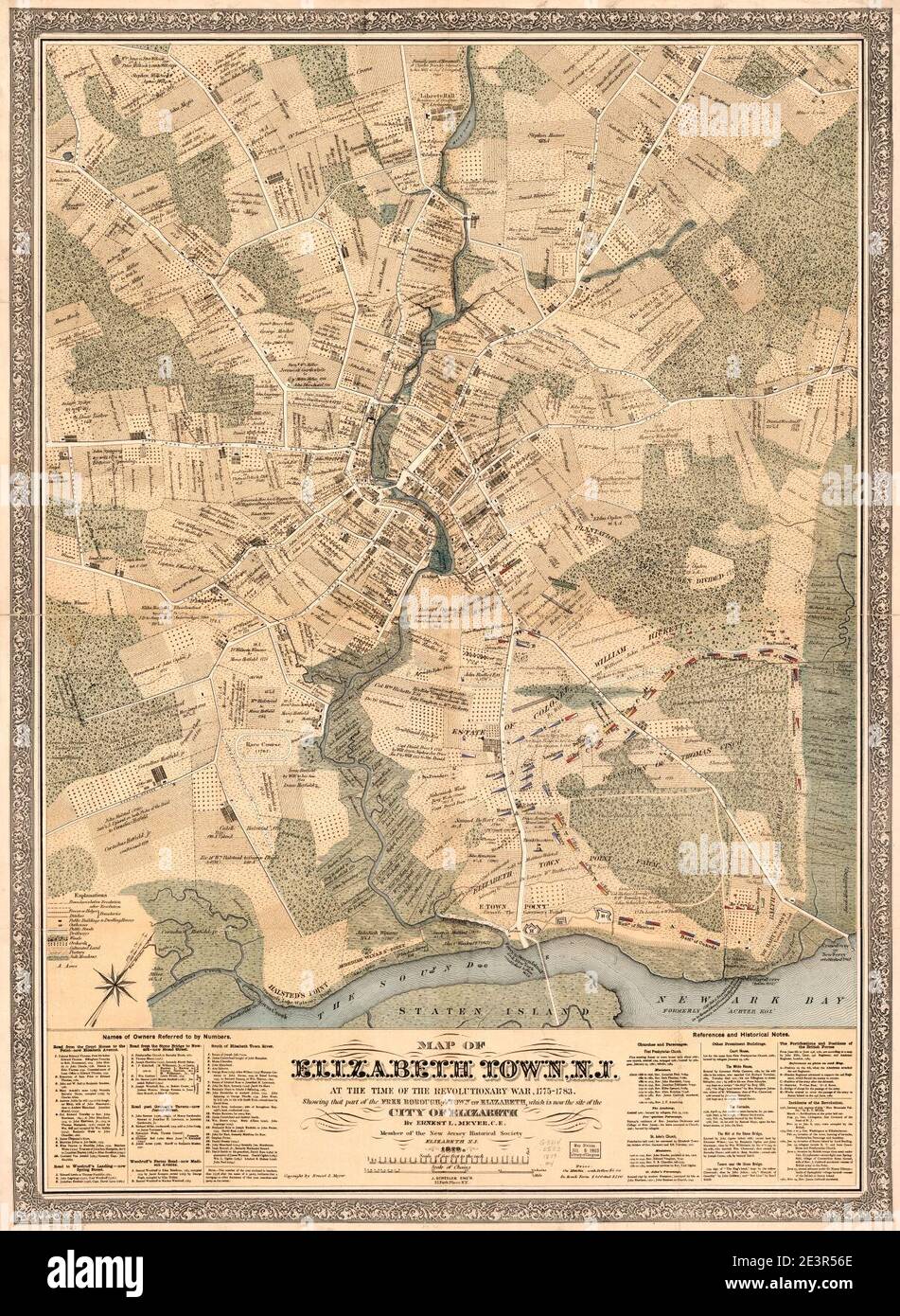 Karte von Elizabeth Town, N.J. zur Zeit des Revolutionskrieges, 1775-1783. Zeigt den Teil des freien Stadtteils und der Stadt Elizabeth, die jetzt der Ort der Stadt Elizabeth ist. Stockfoto