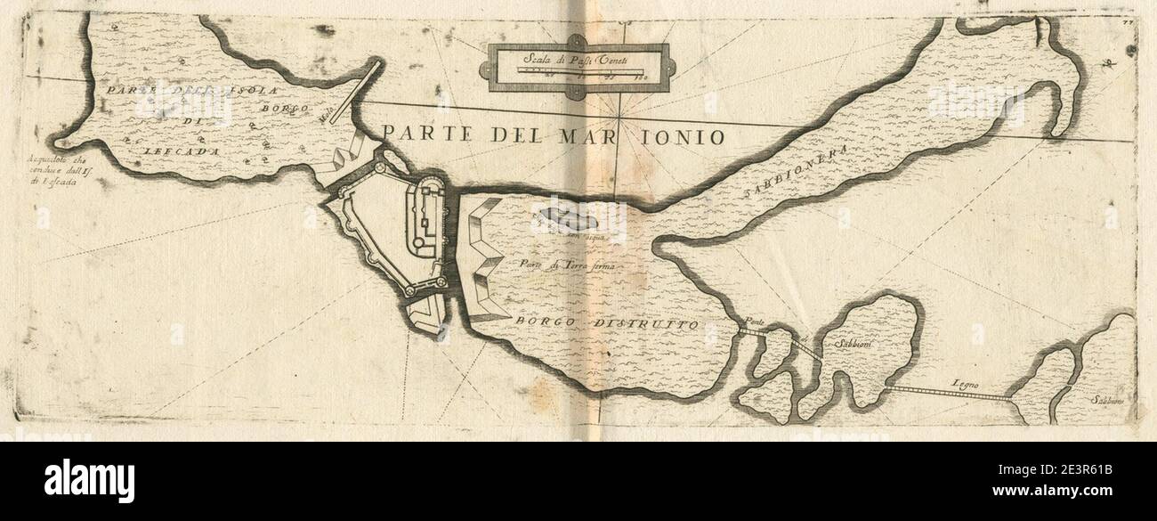 Karte der Drepanon Meerenge und Grundriss der Festung Lefkada - Coronelli Vincenzo - 1688. Stockfoto