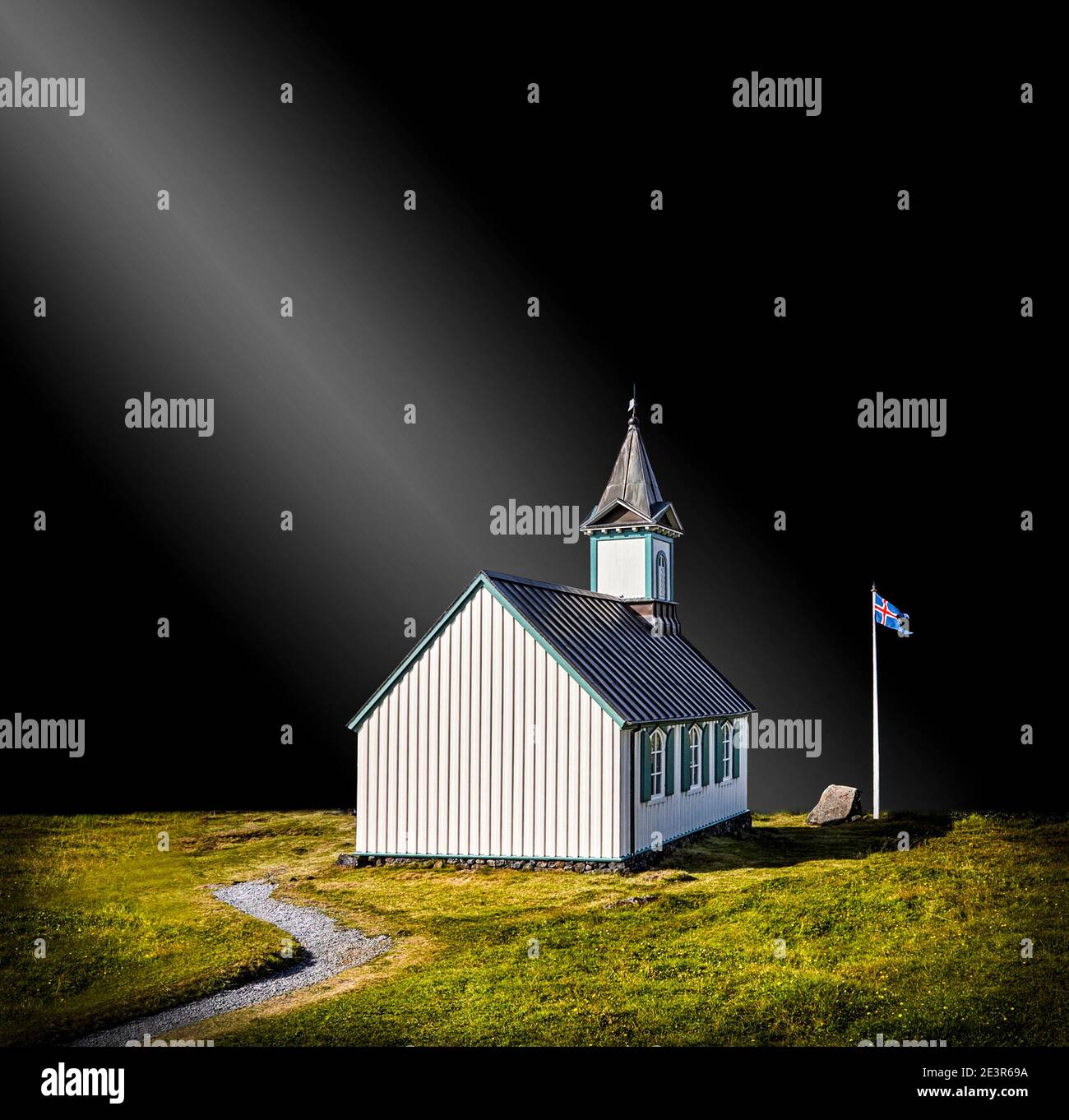 Thingvellir Kirche Island Composite mit Lichtstrahl 'Let there Sei leicht' Stockfoto