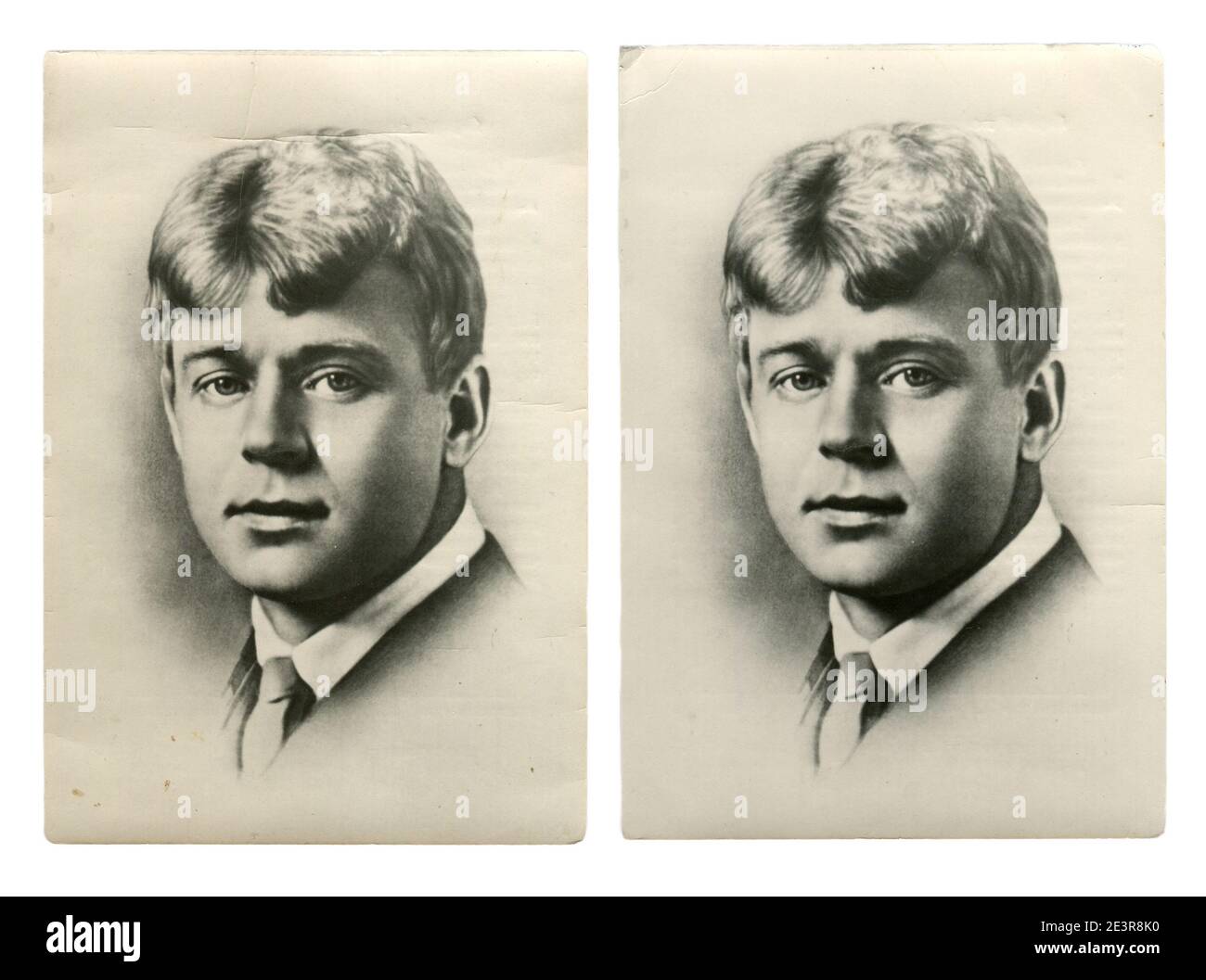 Sergei Alexandrowitsch Jesenin (3. Oktober [O.S. 21. September] 1895 – 28. Dezember 1925) war ein russischer Lyriker. Zwei alte Vintage-Postkarten der UdSSR, Stockfoto