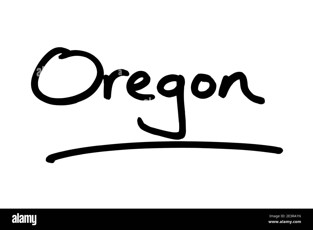 Oregon - ein Staat in den Vereinigten Staaten von Amerika, handgeschrieben auf weißem Hintergrund. Stockfoto