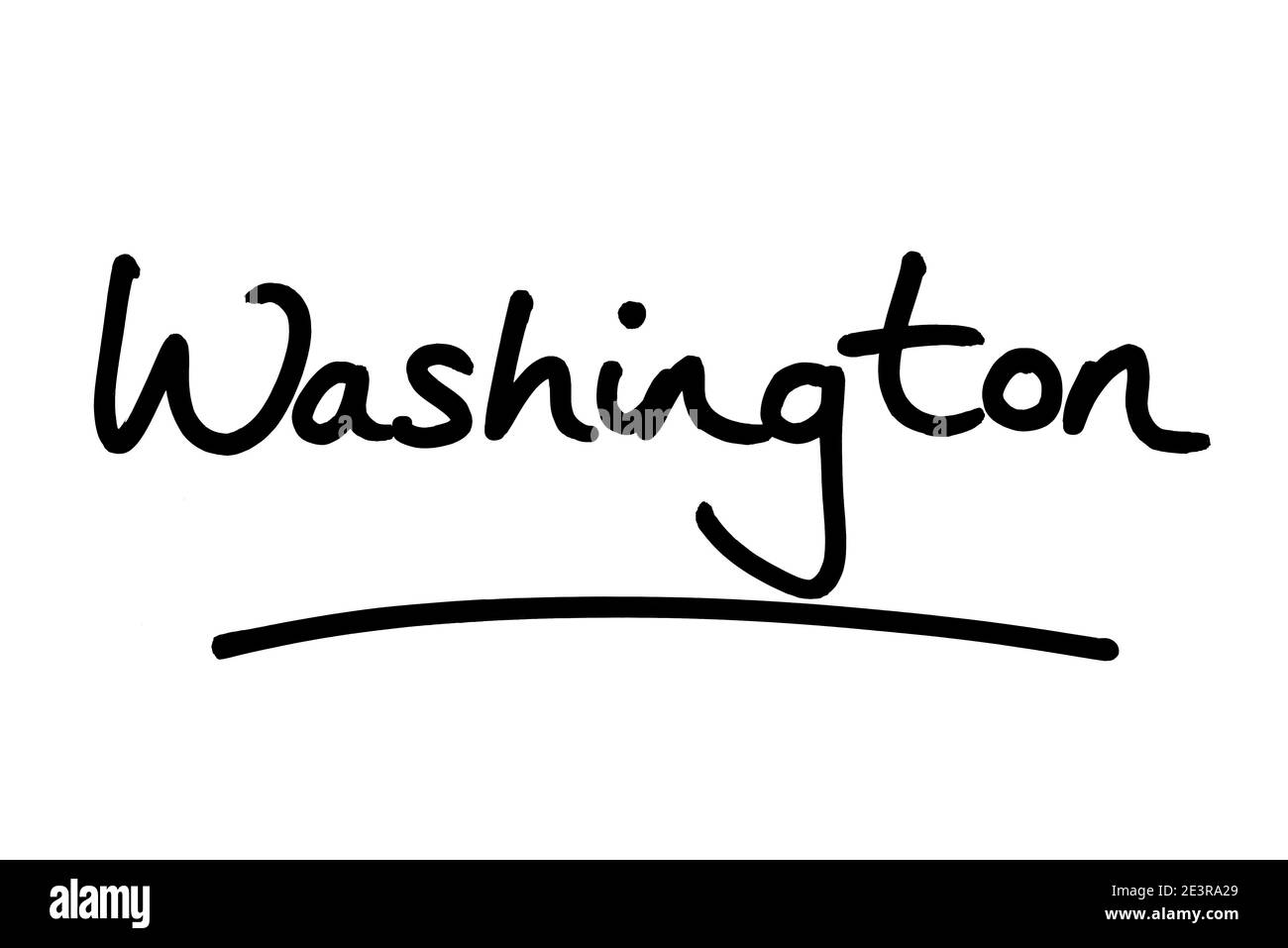 Washington - ein Staat in den Vereinigten Staaten von Amerika, handgeschrieben auf weißem Hintergrund. Stockfoto