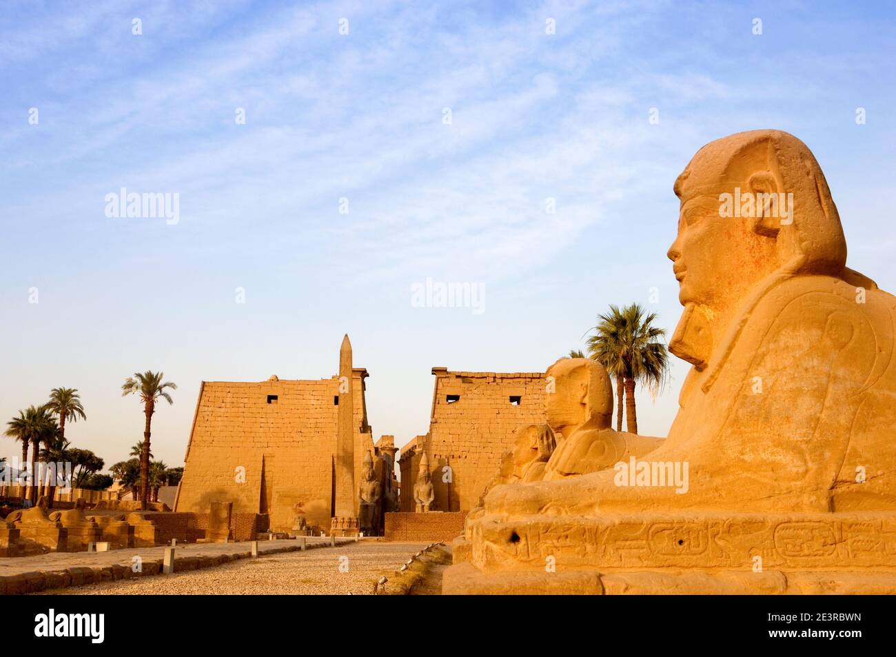 Nordafrika Ägypten Luxor am Nil Luxor Tempel die Avenue der Sphinxes tagsüber die Sphinx mit blauem Himmel Stockfoto